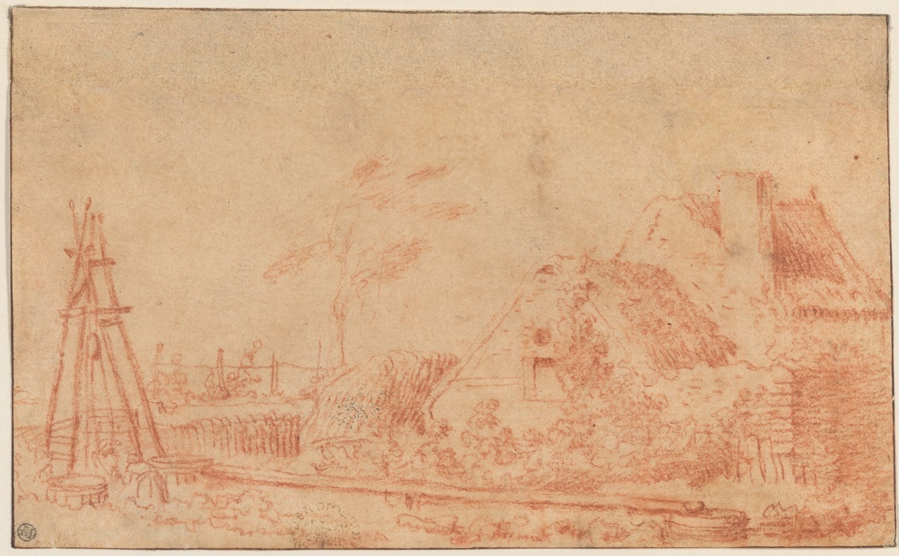 A serene landscape featuring a cottage and well.