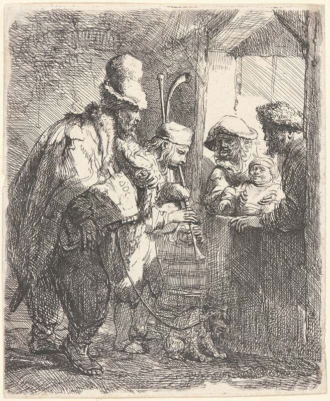Rembrandt's 'The Strolling Musicians' captures a lively scene of musicians in a vibrant setting.