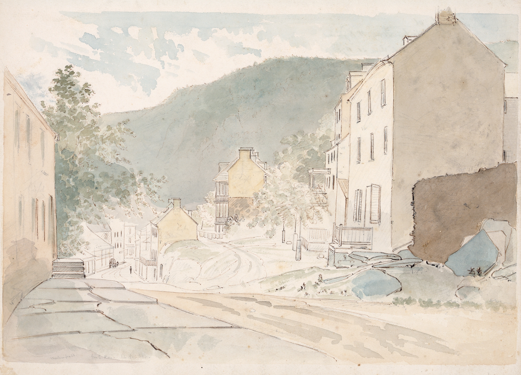 Landscape oil painting by James Madison Alden depicting a cobblestone street and river