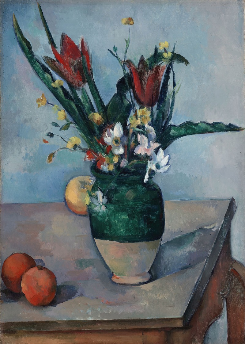 Oil painting of tulips in a vase by Paul Cezanne