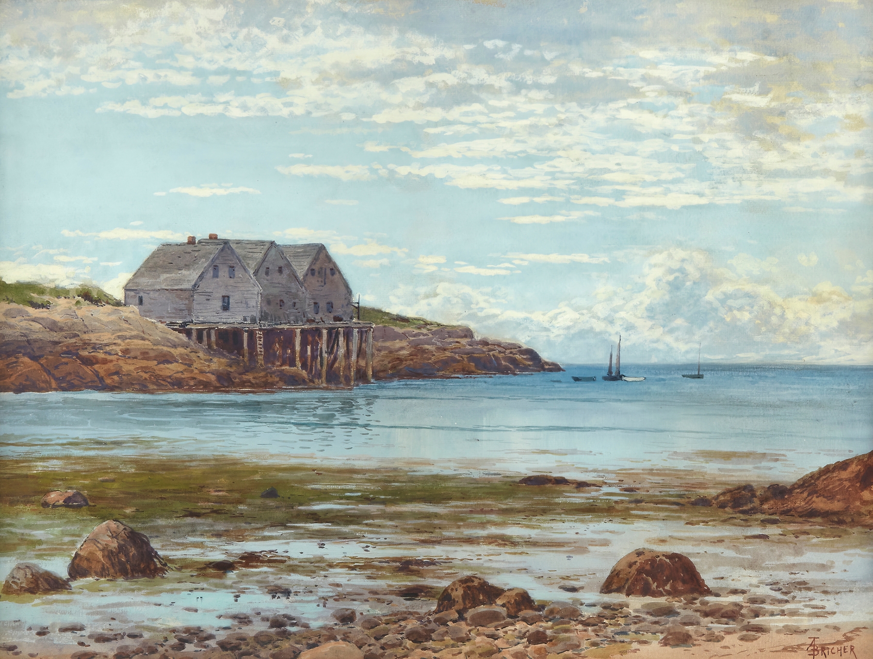 Coastal View oil painting by Alfred Thompson Bricher, depicting cliffs and ocean under sunlight.