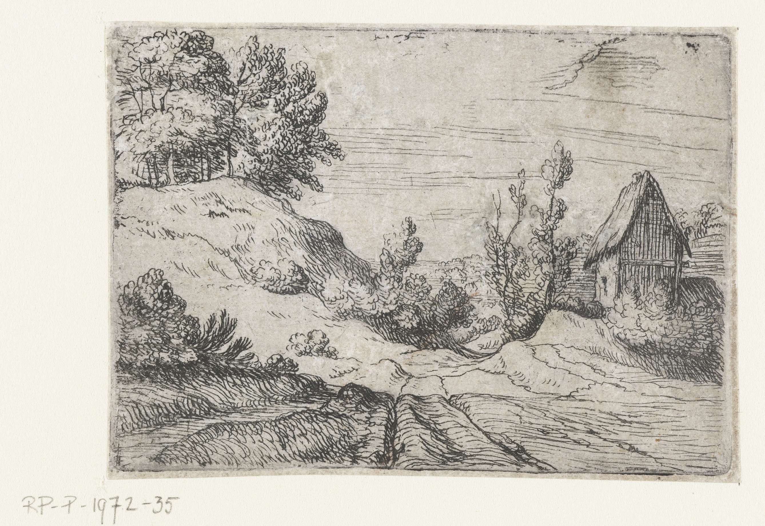 Landscape etching by Lodewijk de Vadder showing a house on a hill among trees
