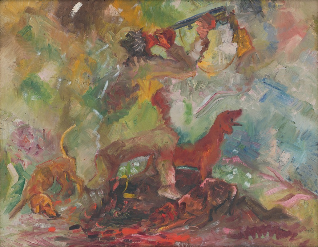 A detailed depiction of a hunter in a natural setting.