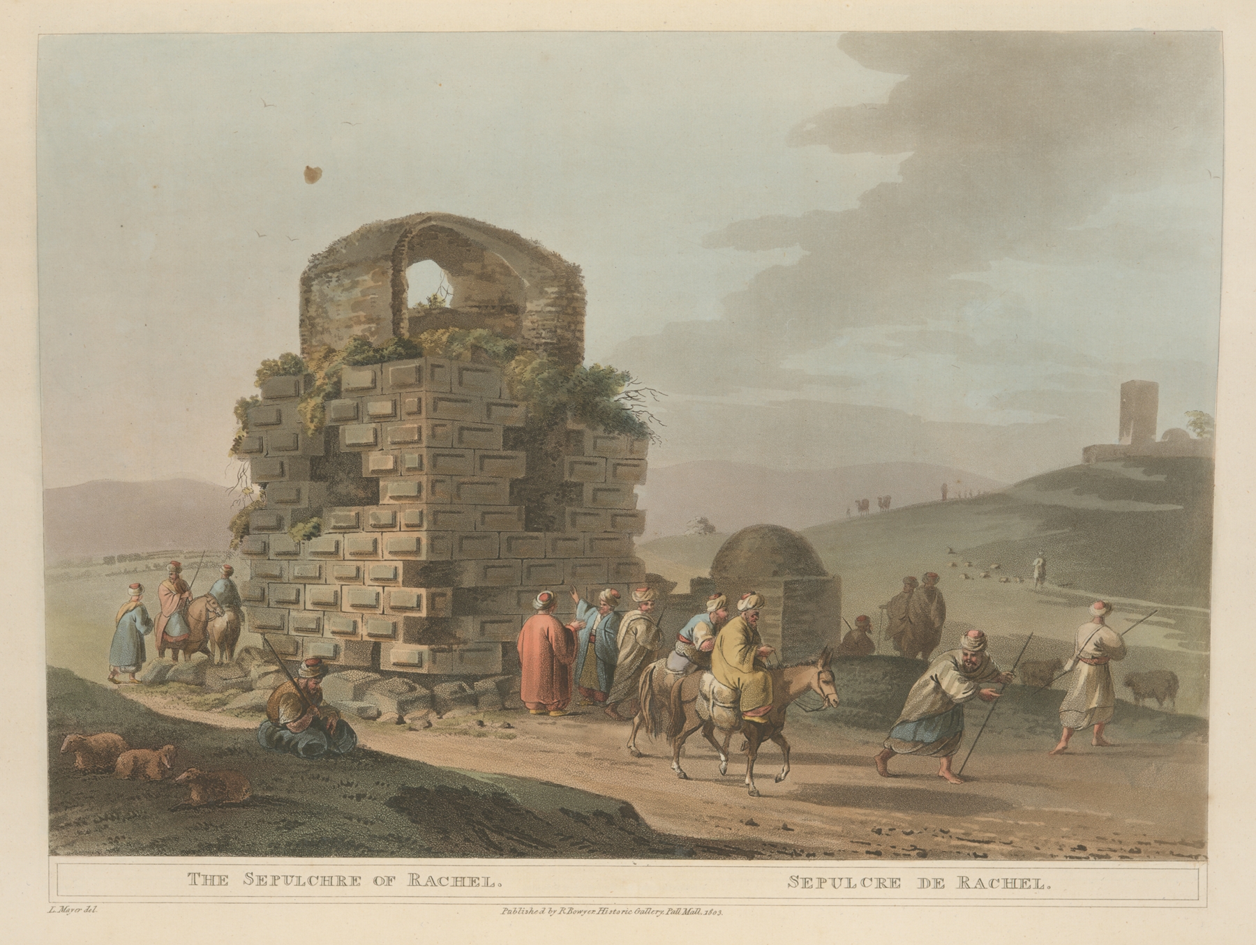 Engraving by Luigi Mayer of Rachel's sepulchre with landscape elements.