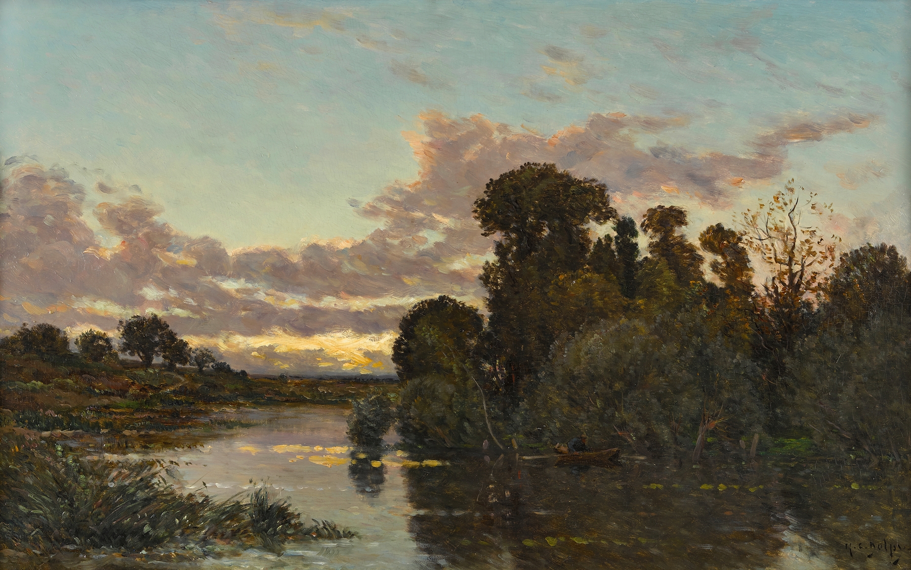 River landscape at dusk by Hippolyte Camille Delpy, oil painting