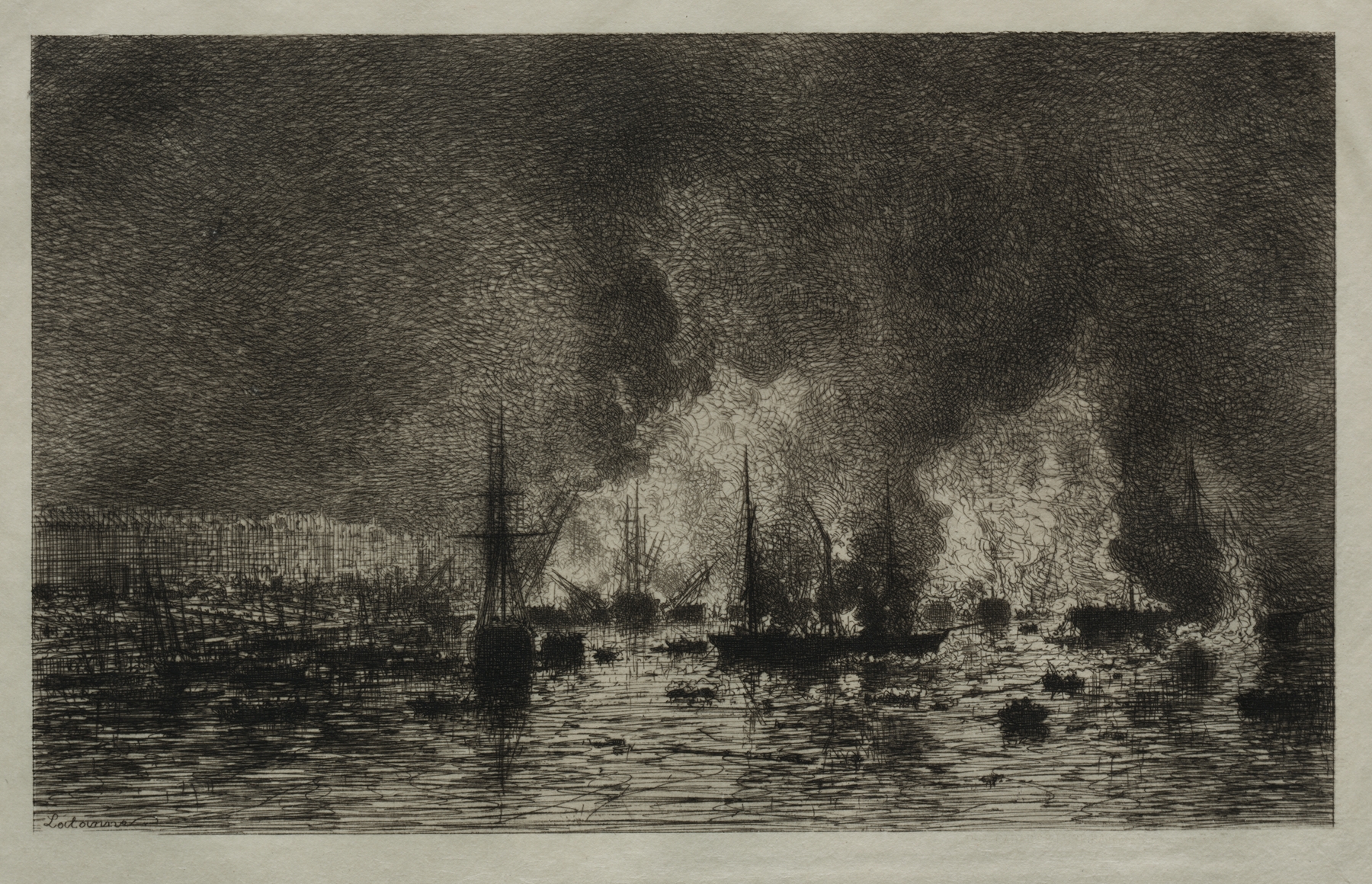 Fire in the Port of Bordeaux, oil on canvas by Maxime Lalanne