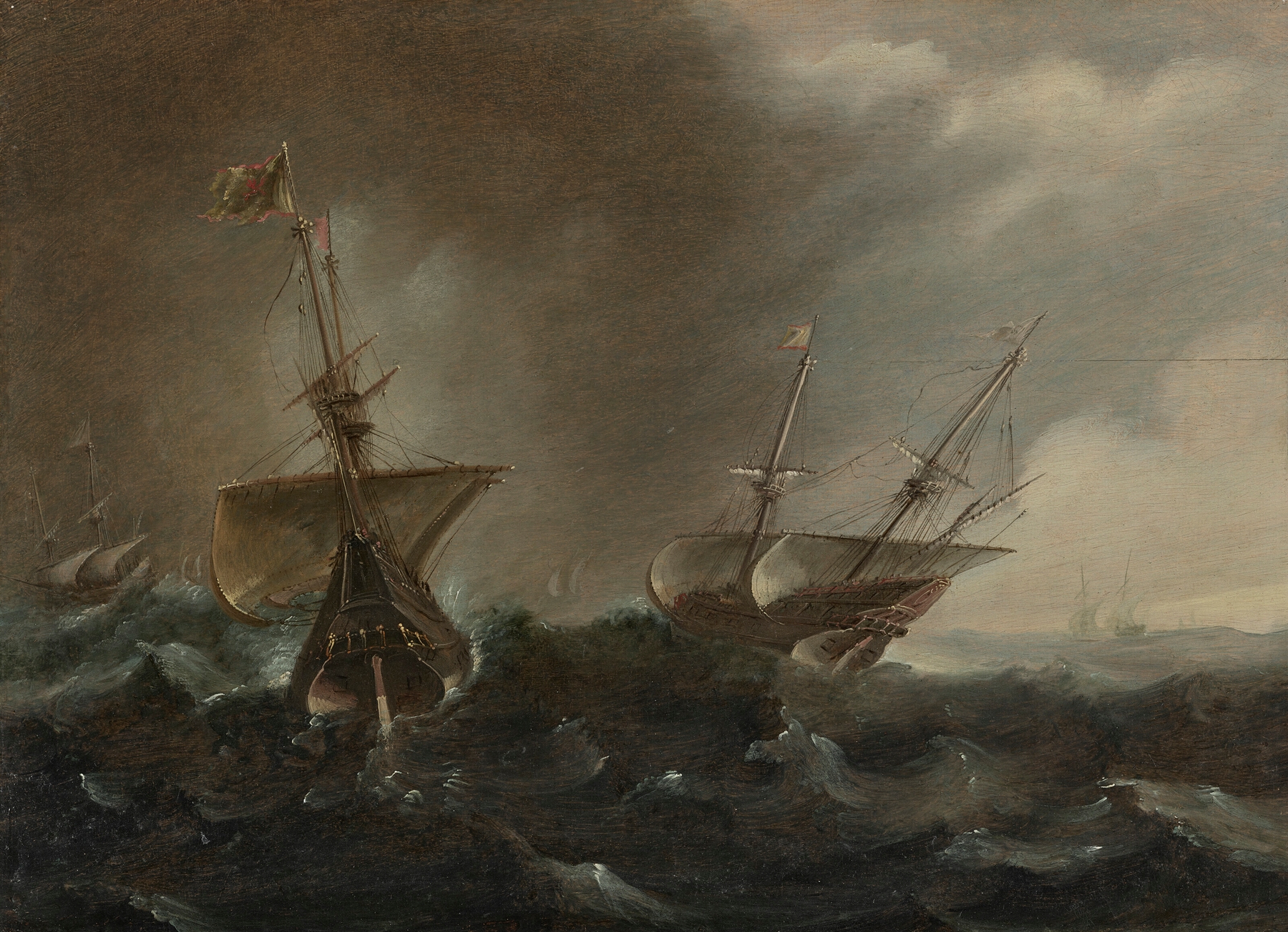 Two galleons in a squall, by Andries van Eertvelt, public domain