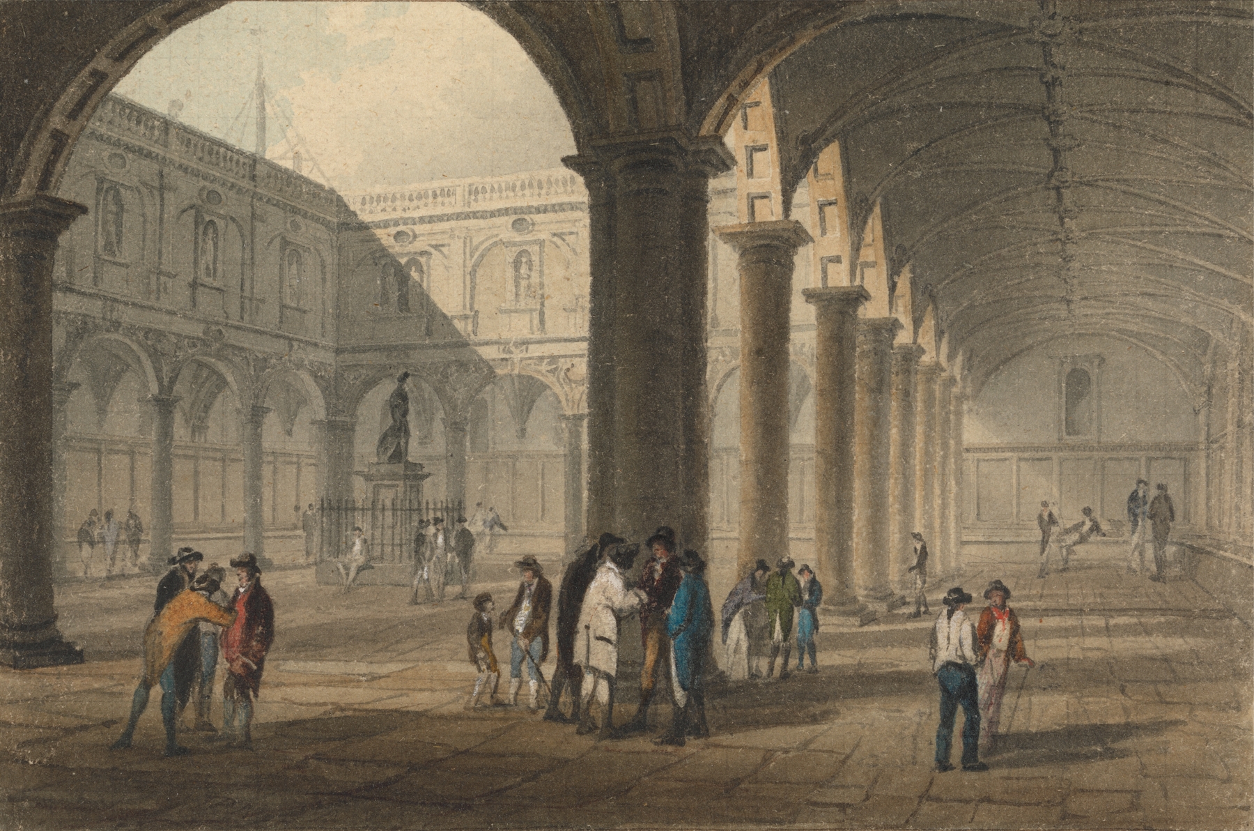 The Quadrangle of the Royal Exchange by John Preston Neale, oil painting depicting architecture and figures.