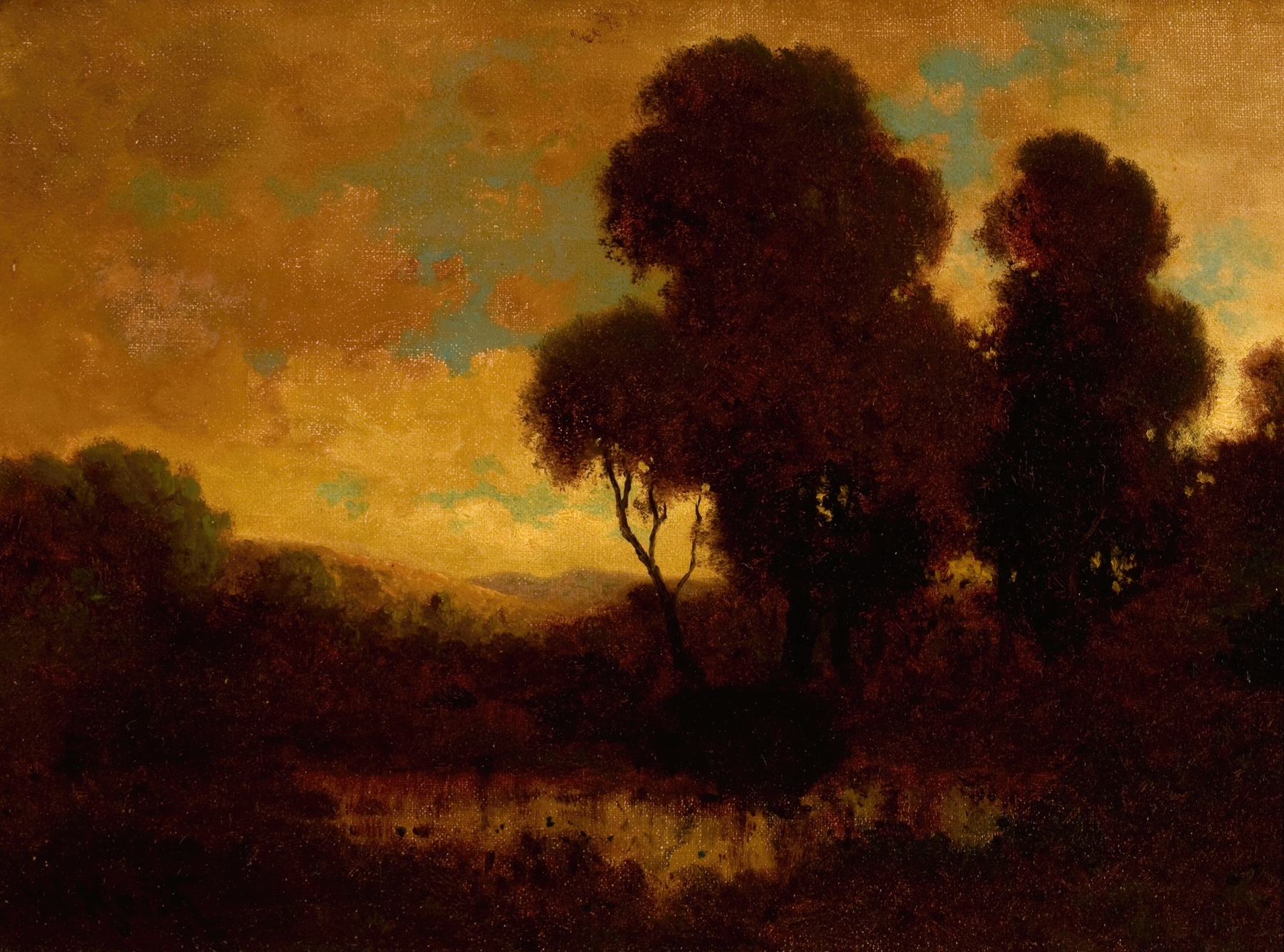 Evening Landscape by William Keith, oil on canvas, depicting a tranquil landscape with soft colors.