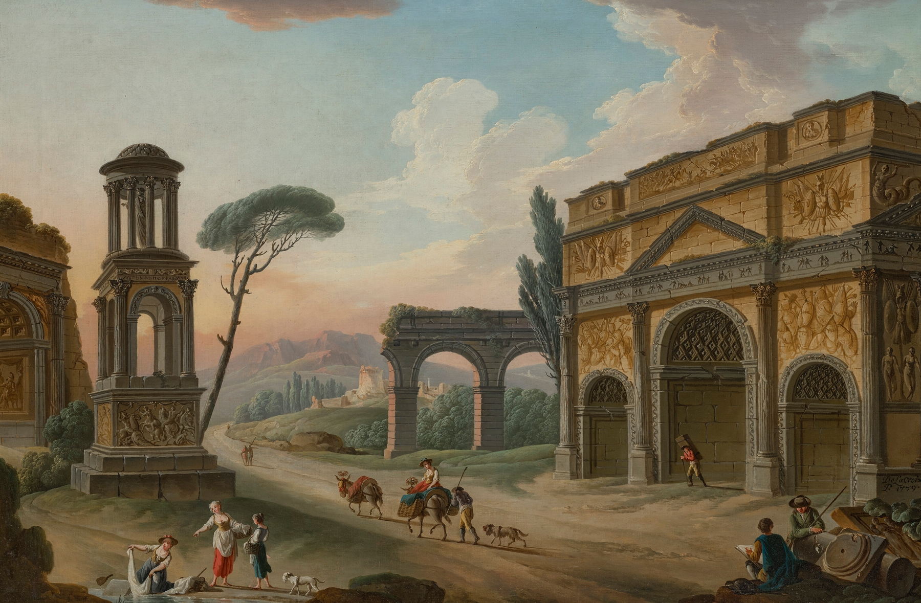 A capriccio with ancient monuments, including the Triumphal Arch of Orange, the aqueduct of Fréjus and the Mauseoleum of Glanum, by Charles-François Grenier De Lacroix, public domain