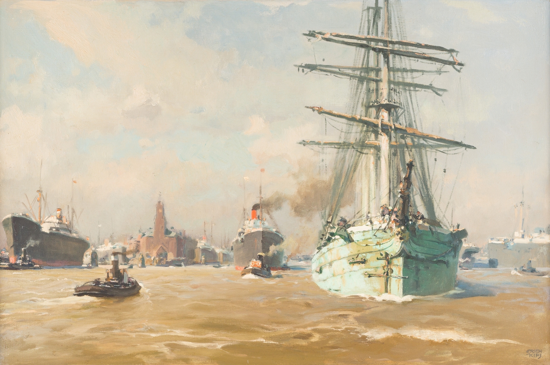 Oil painting by Erich Kips depicting ships in Hamburg harbor
