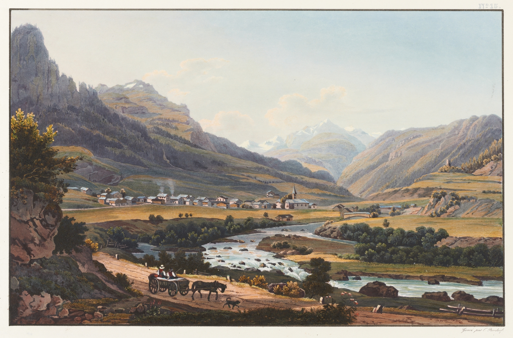 Landscape depicting a village in a valley, oil painting by Johann Ludwig Bleuler