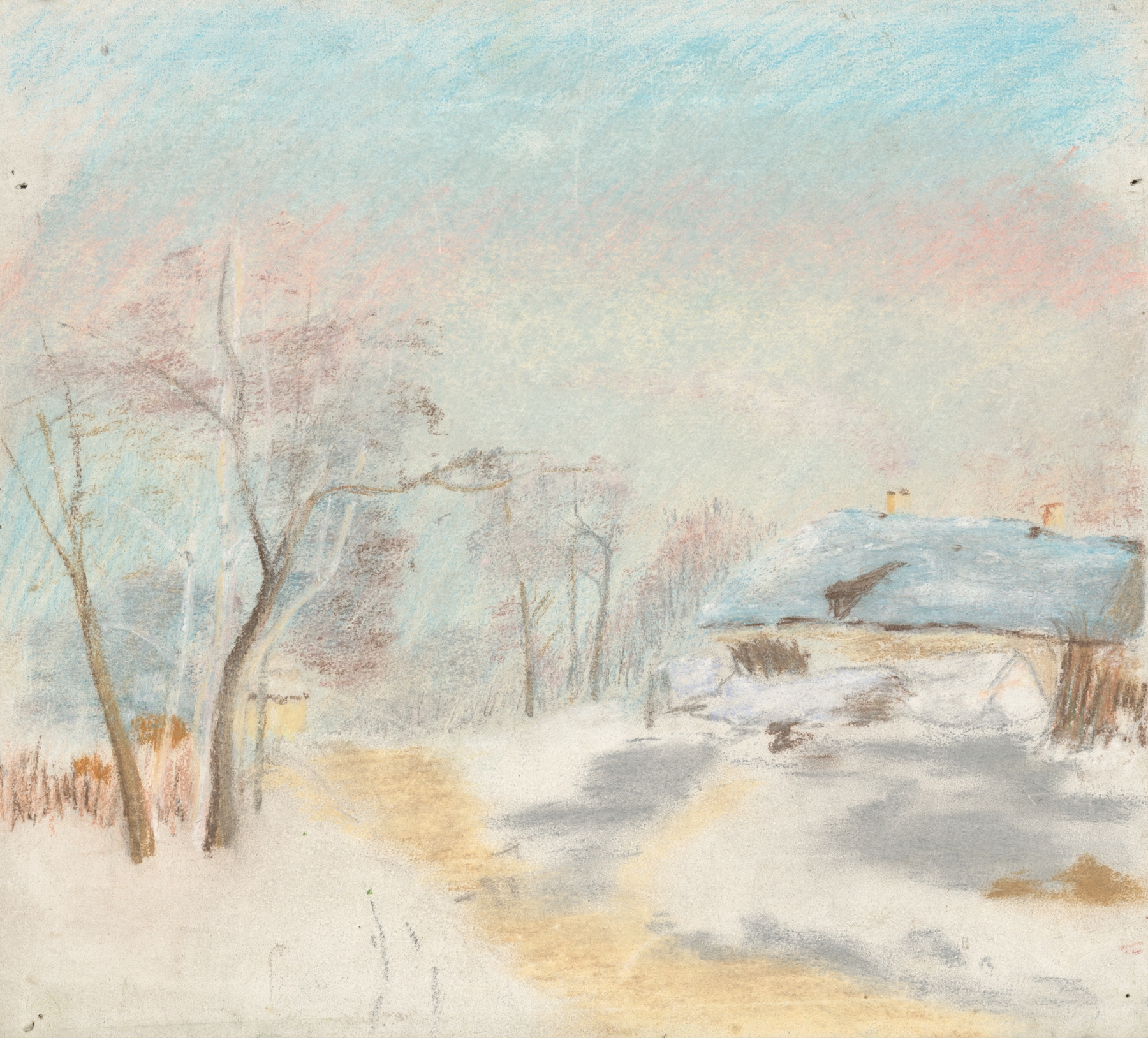 Winter Landscape by Ladislav Mednyánszky, oil painting of a serene snowy landscape.