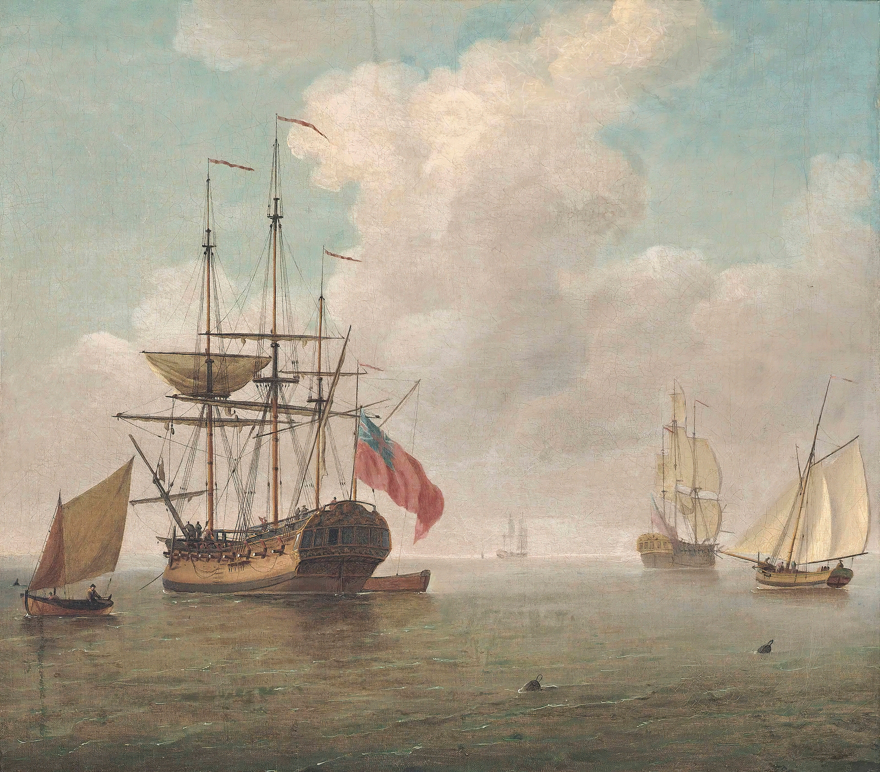 A Small Man-O’war At Anchor With Cutters Under Sail, by Charles Brooking, public domain