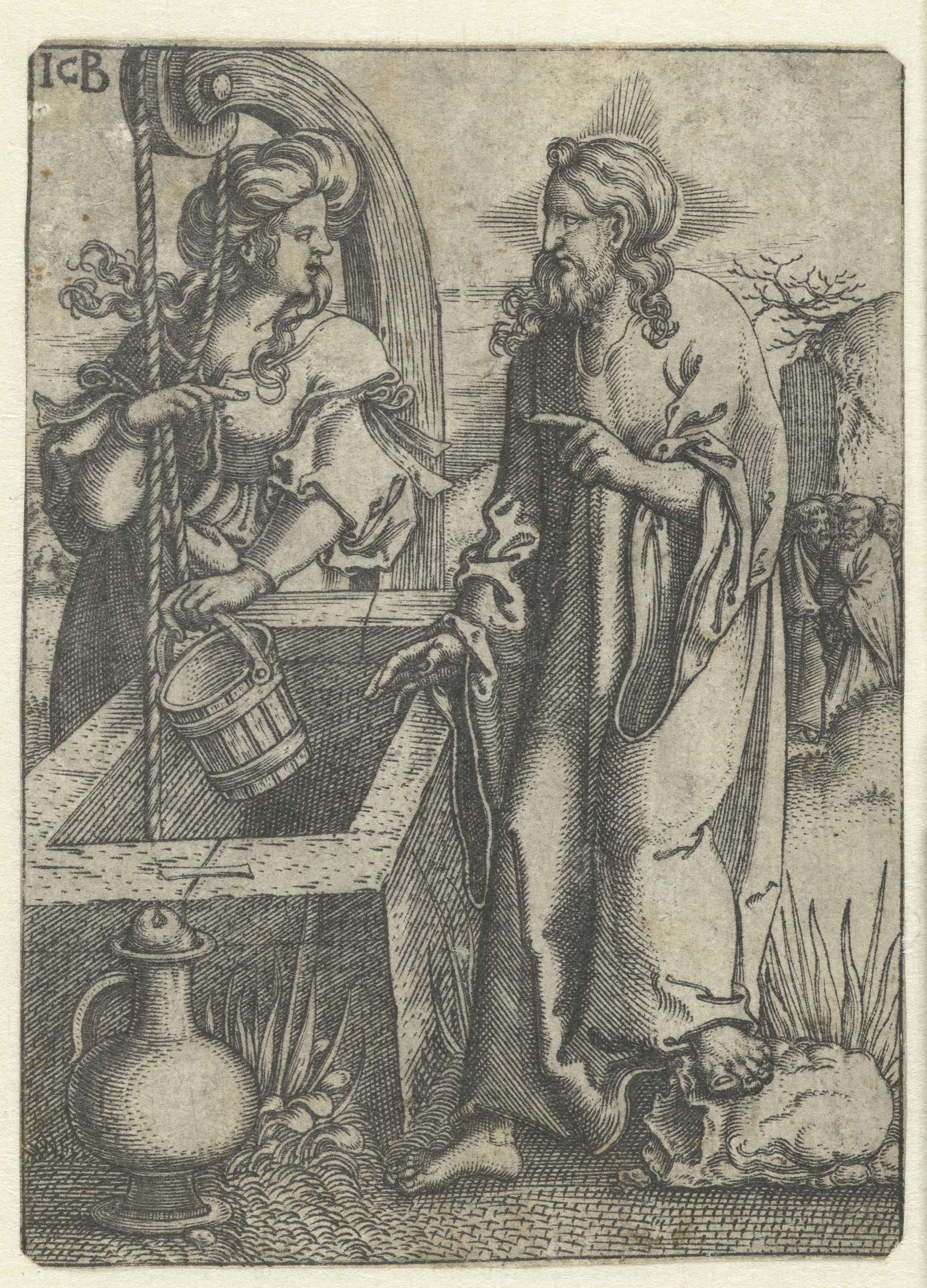 Engraving by Jacob Binck depicting Christus and the Samaritan woman in conversation.