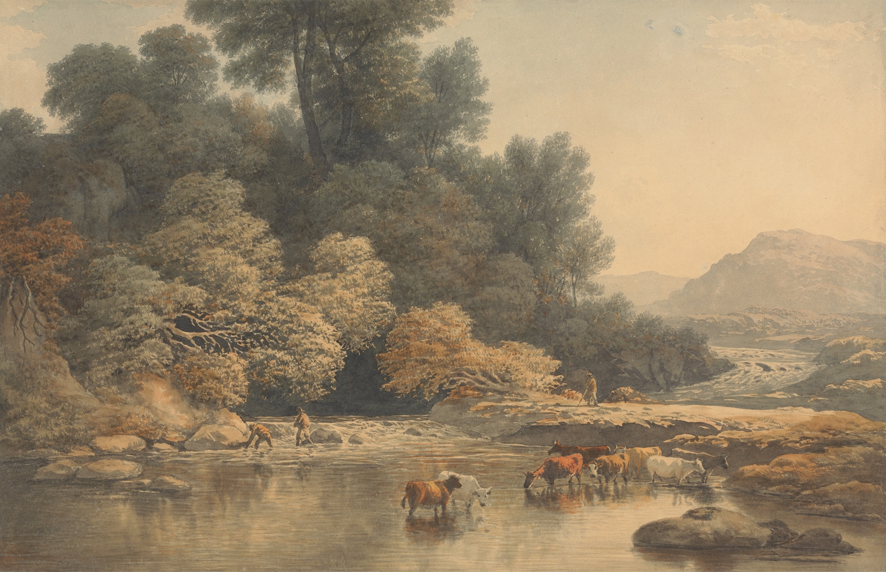 Hilly landscape with river and cattle, oil on canvas by John Glover