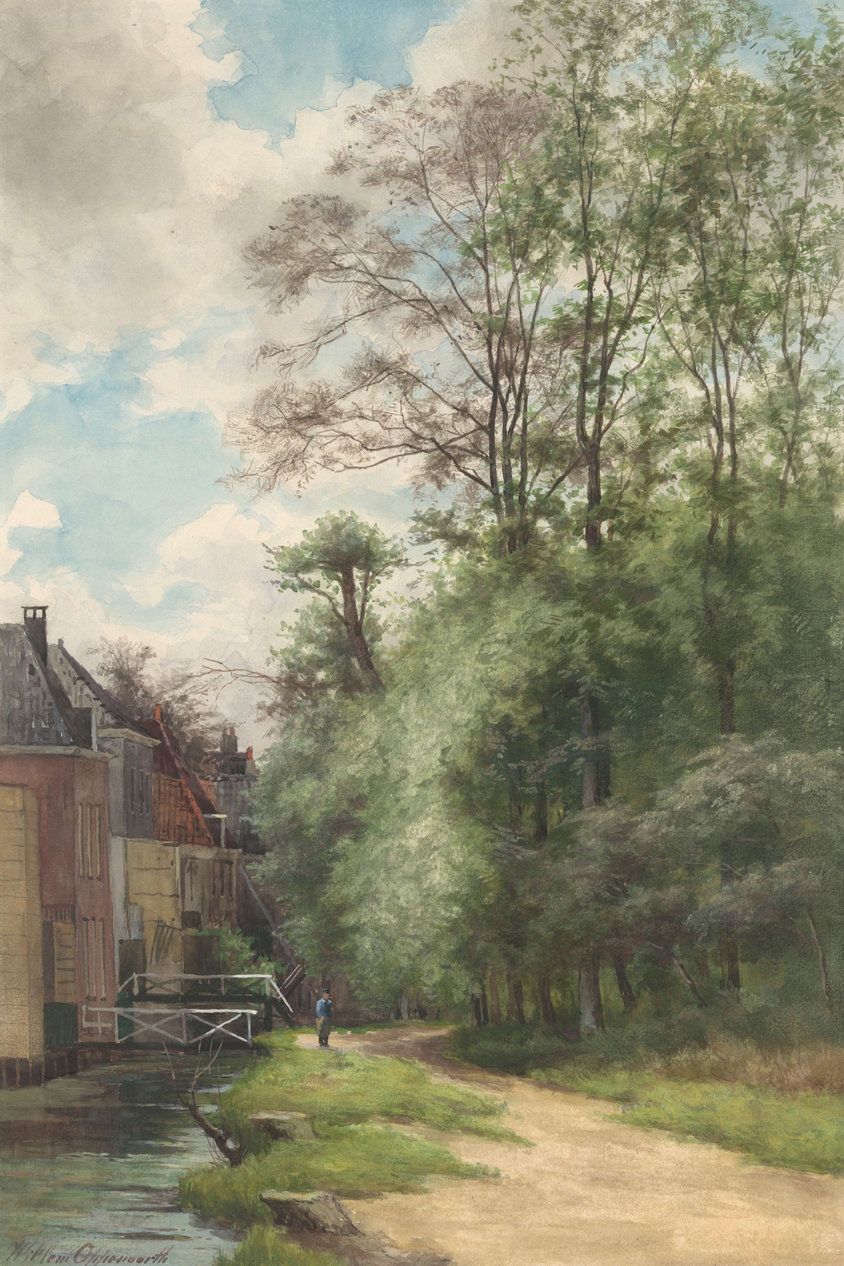 Landscape with a waterway and greenery, oil painting by Willem Oppenoorth