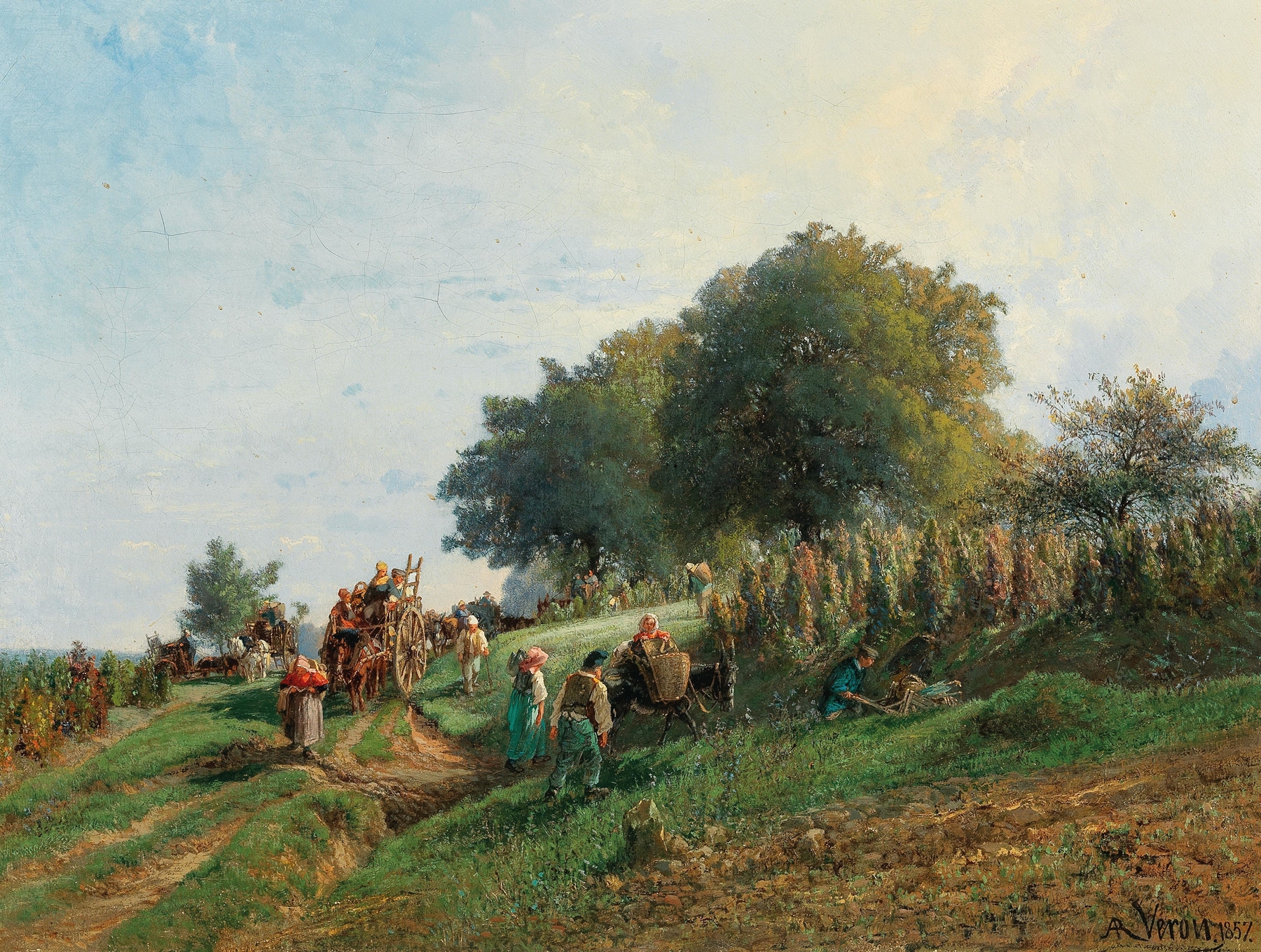 The Harvest by Alexandre René Veron, oil painting depicting workers in golden fields under sunlight.