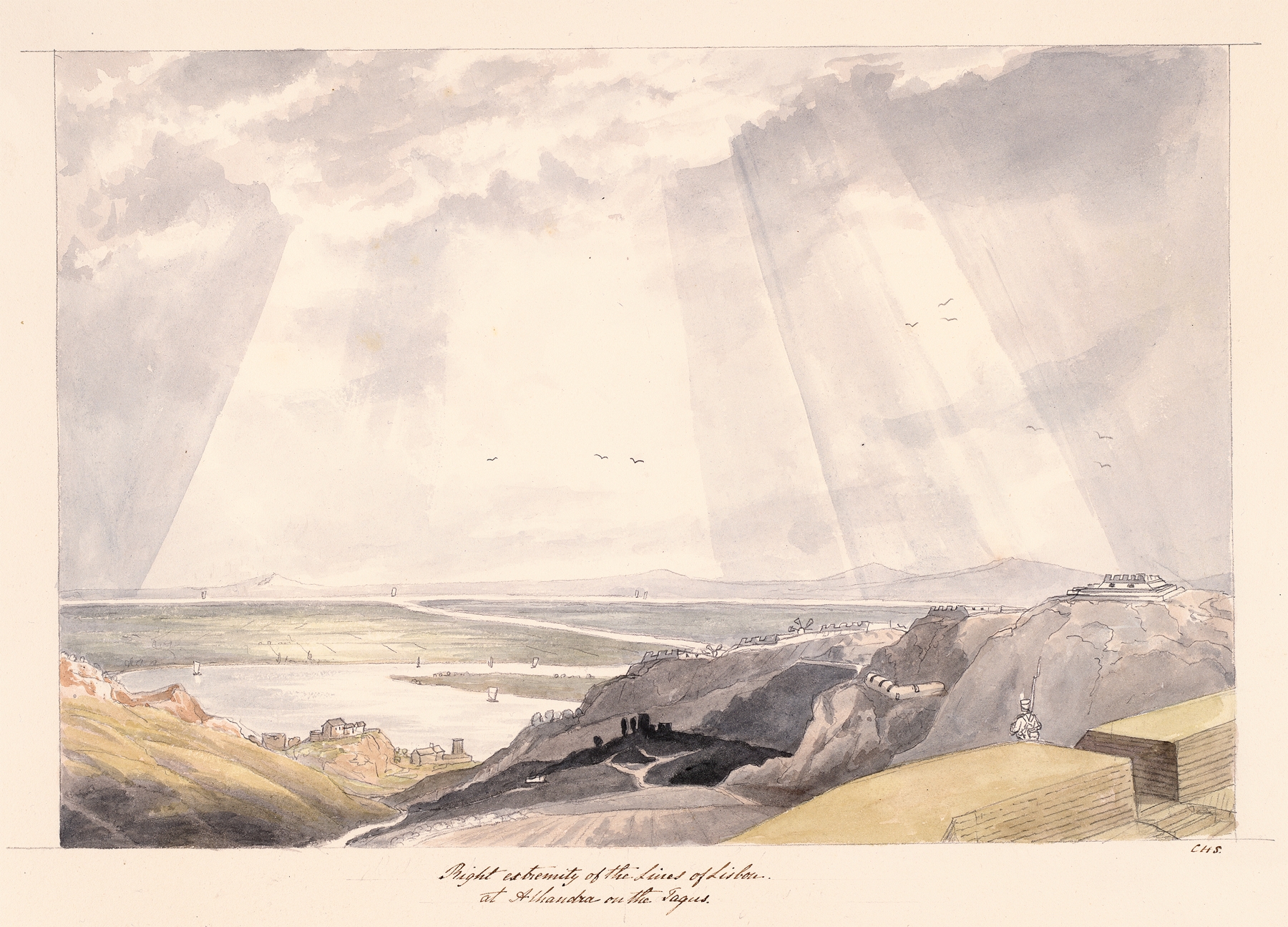 Landscape depicting the Tagus river and sky by Charles Hamilton Smith, oil painting