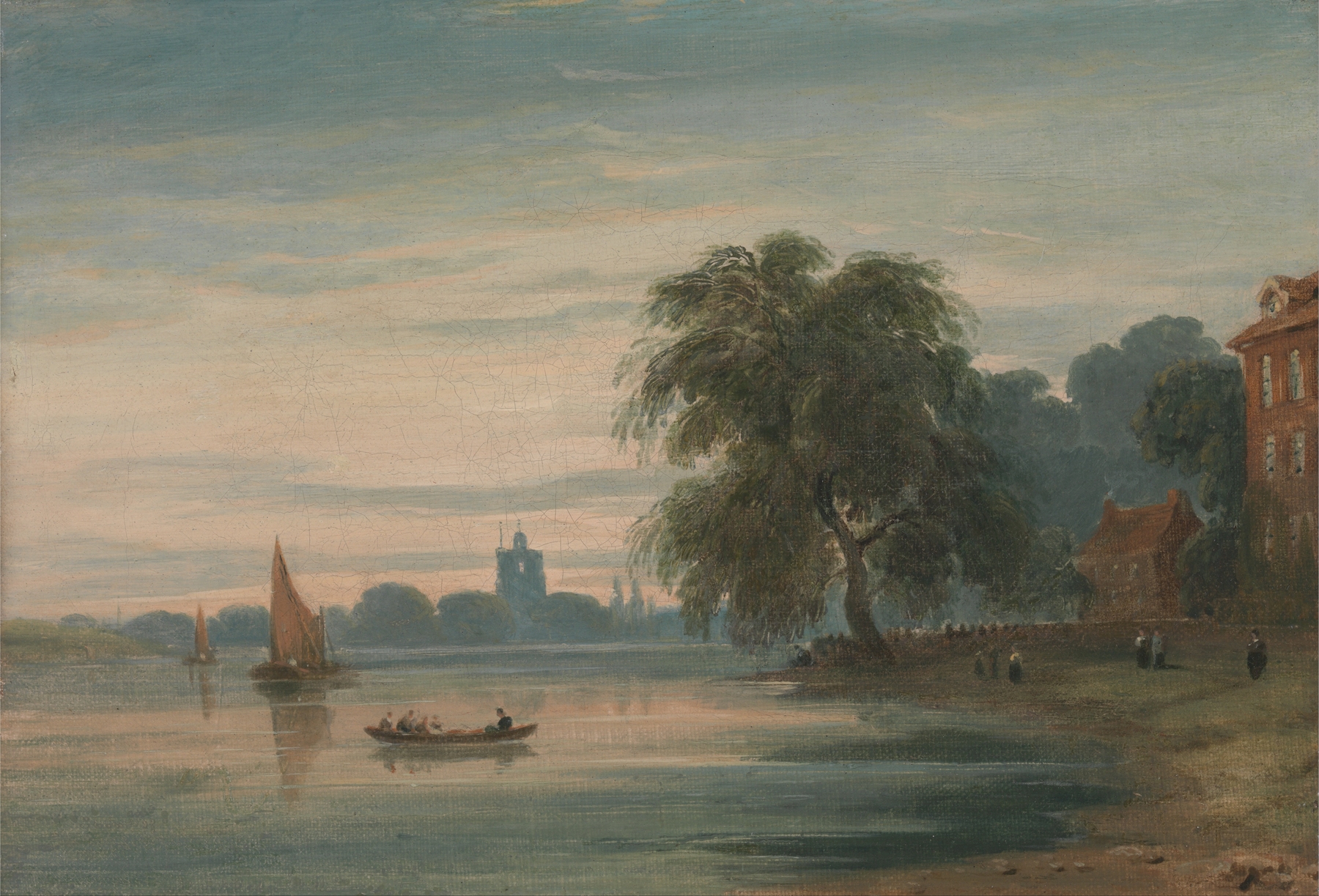 A View along the Thames towards Chelsea Old Church, by John Varley, public domain