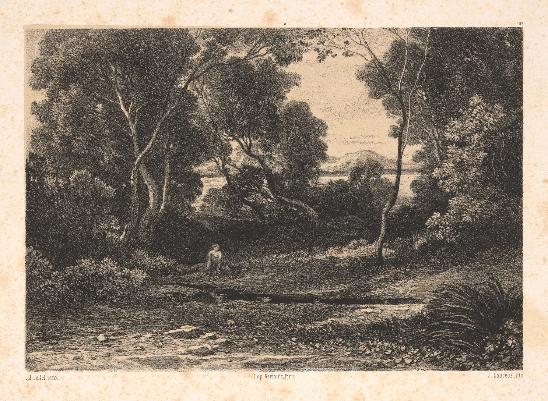 Woodland with Nymph, oil on canvas by Jean-Joseph-François Bellel, depicting a nymph in a lush forest.