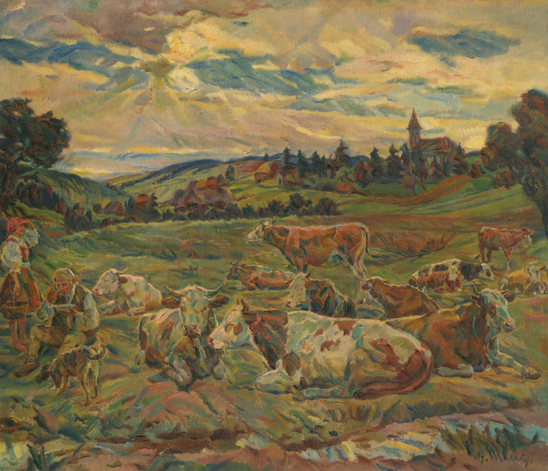 Lunch of a Cowherd by Gustáv Mallý, oil on canvas depicting a cowherd in a vibrant landscape.