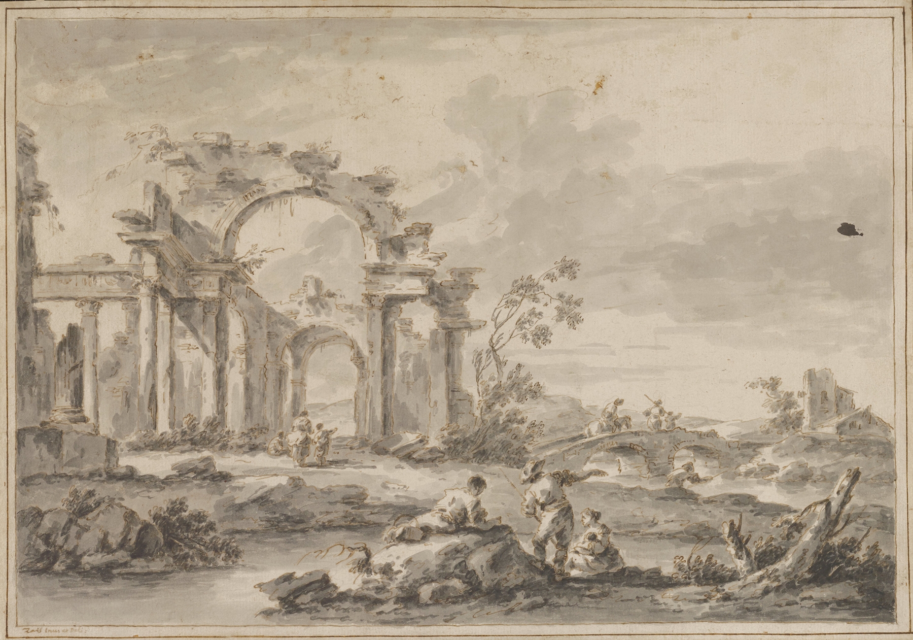 Ruins and Bridge by Giuseppe Zais, oil painting depicting a sunset landscape.