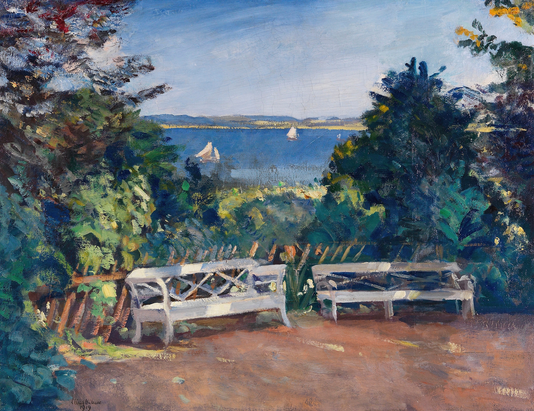 Garten in Travemünde by Ulrich Hübner, impressionism, depicting a lush garden with vibrant greens and sunlight.