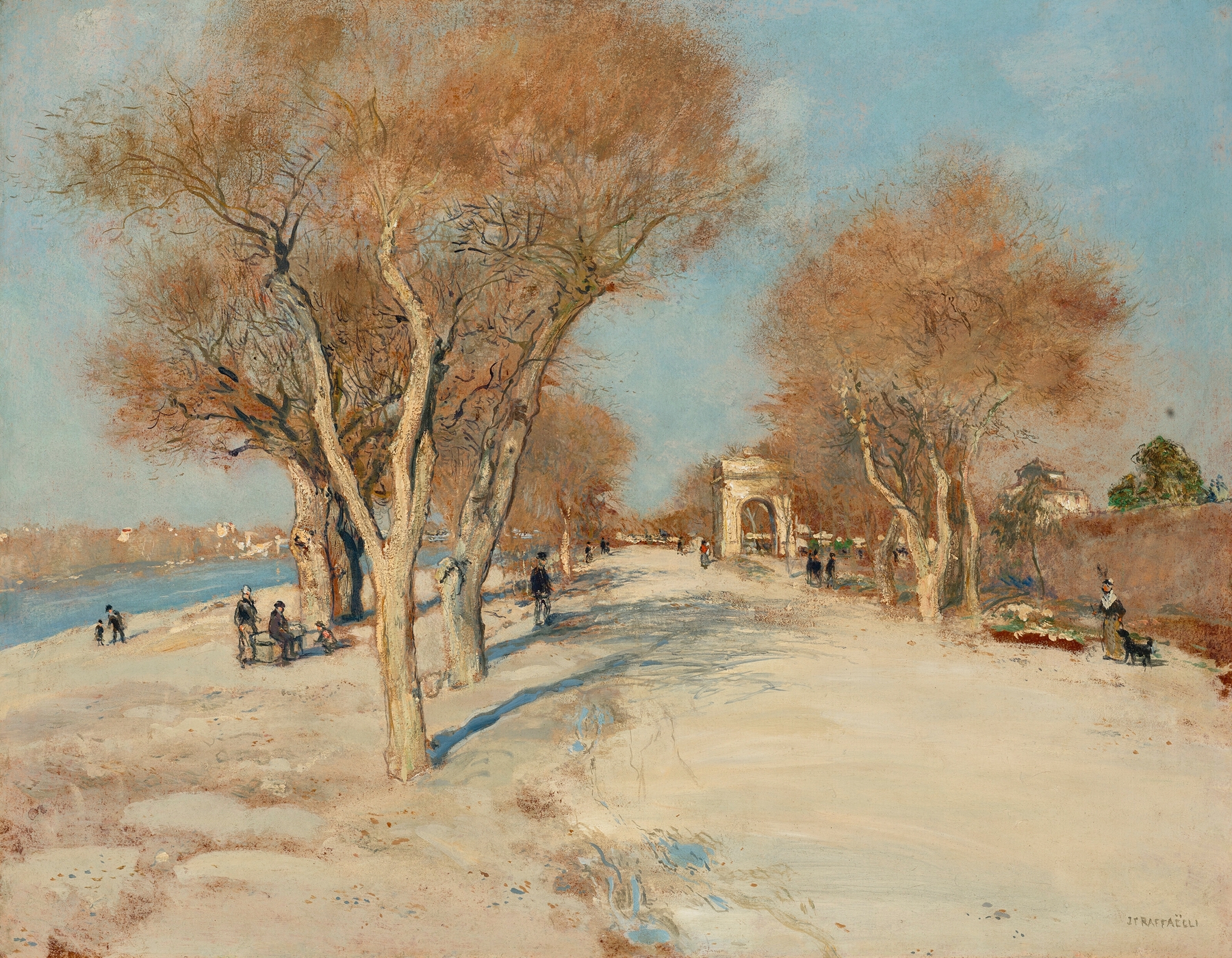 Bord de Seine; la route ensoleillée, oil on canvas by Jean François Raffaëlli, depicting sunlight on the Seine.