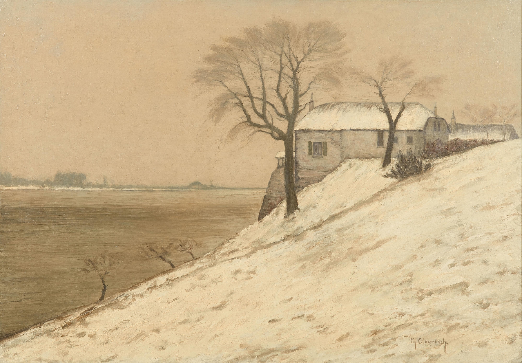 Landscape of the Rhine at twilight, oil on canvas by Max Clarenbach