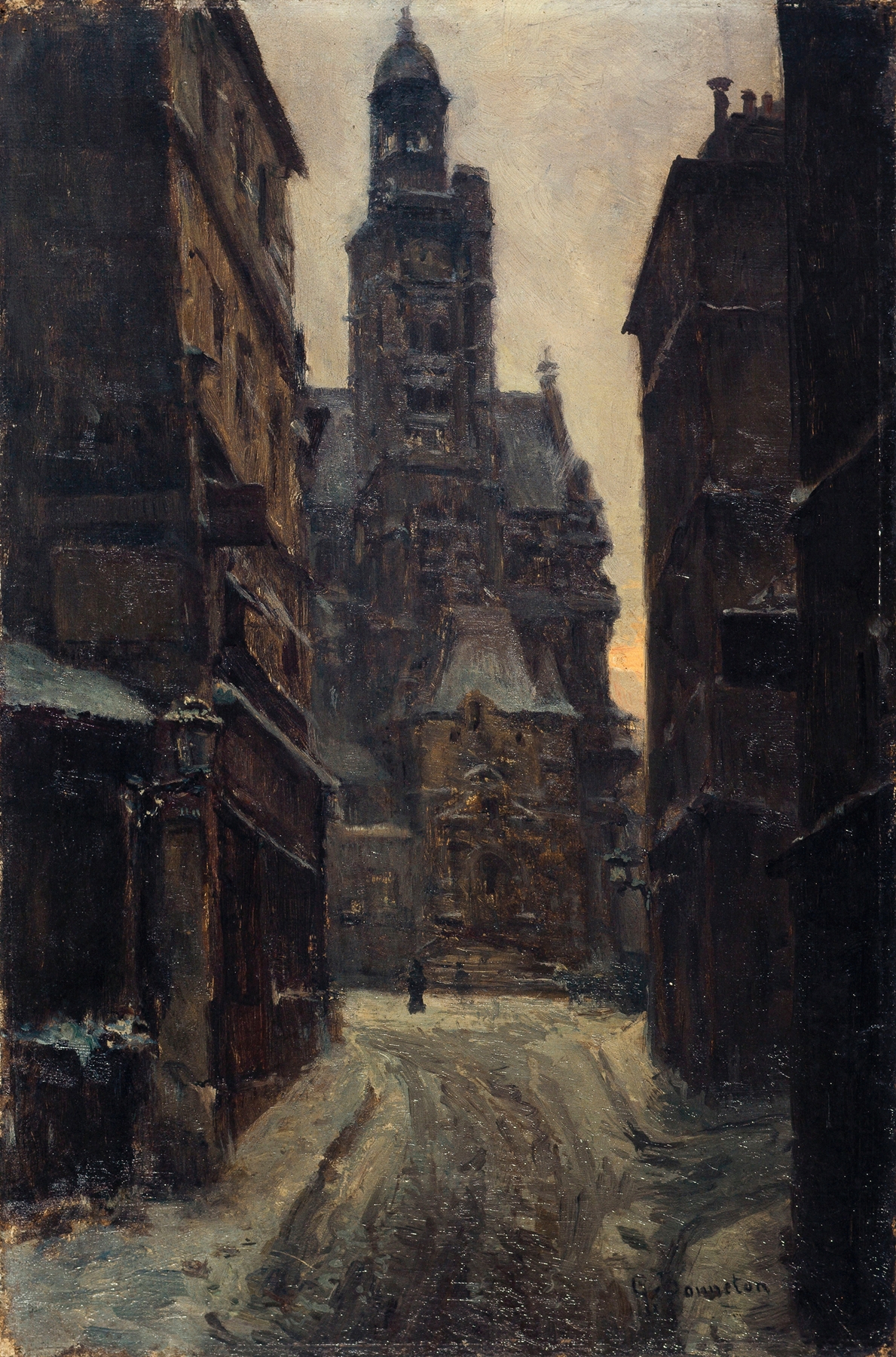 Landscape oil painting by Germain Eugène Bonneton featuring a cobbled street with dappled light.