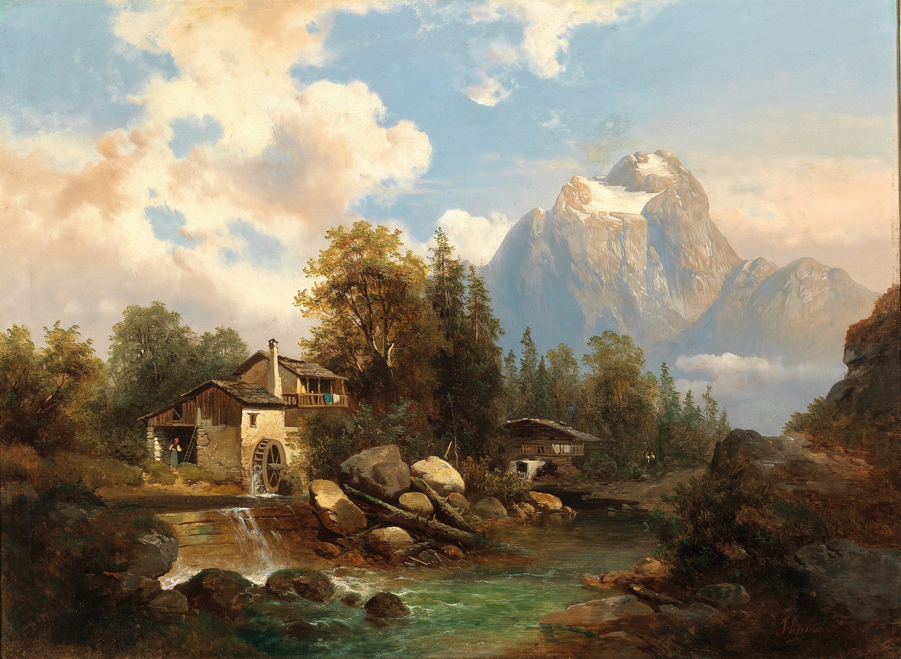 A Mill by a Mountain River, in the Background the Dachstein Massif, by Josef Thoma, public domain