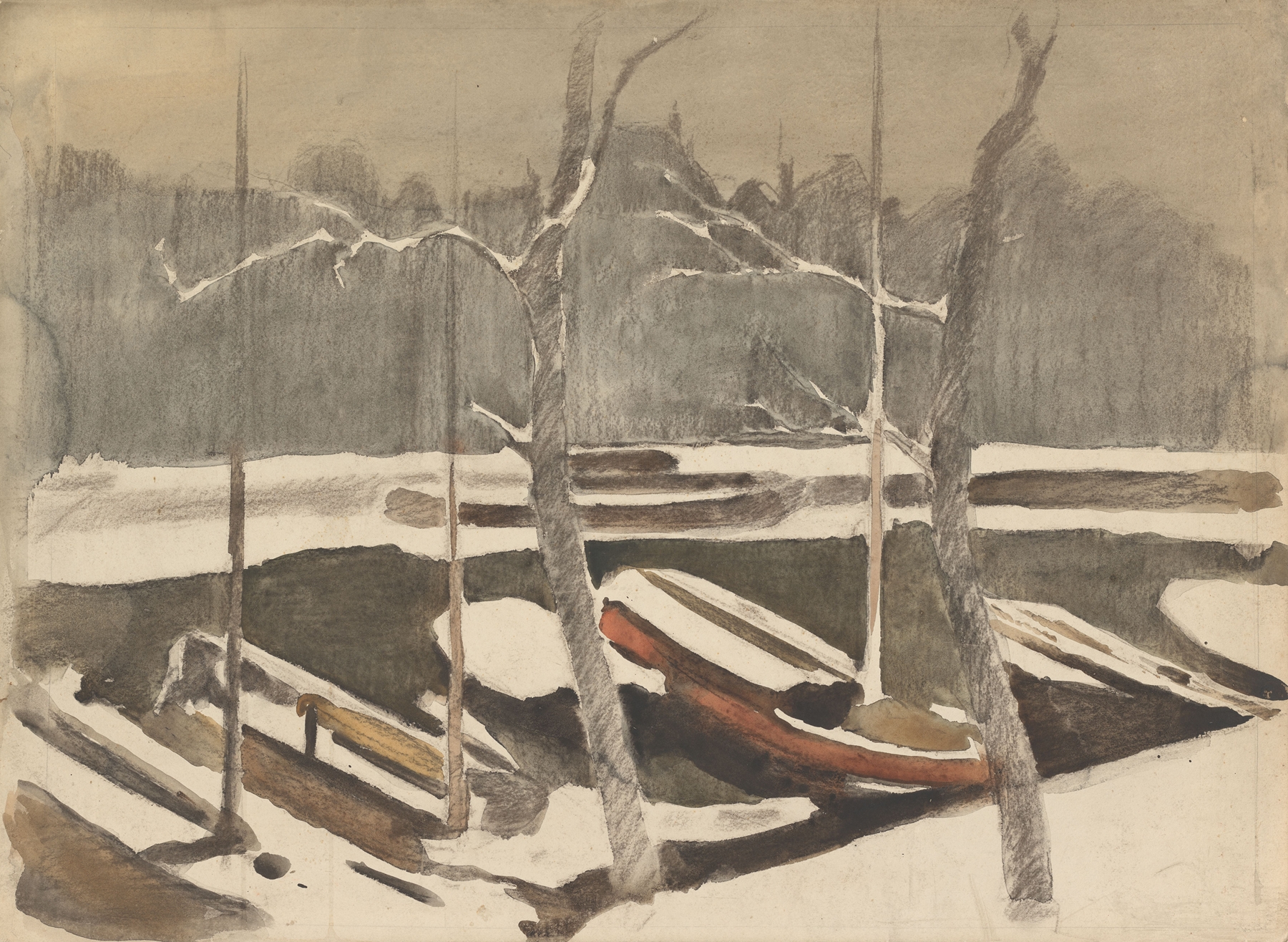 Gemeerde schuiten aan een besneeuwde grach, by Willem Witsen, public domain