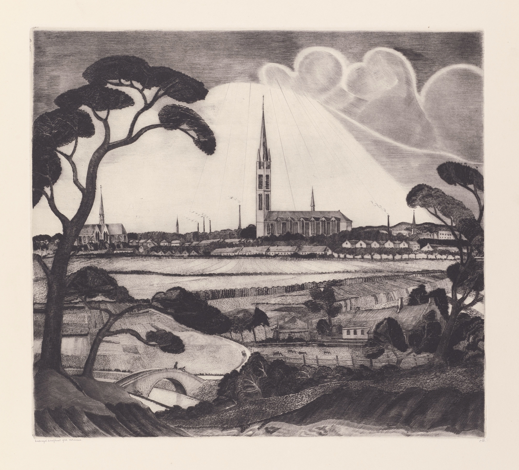 Landscape by Lodewijk Schelfhout, oil on canvas depicting a serene horizon.