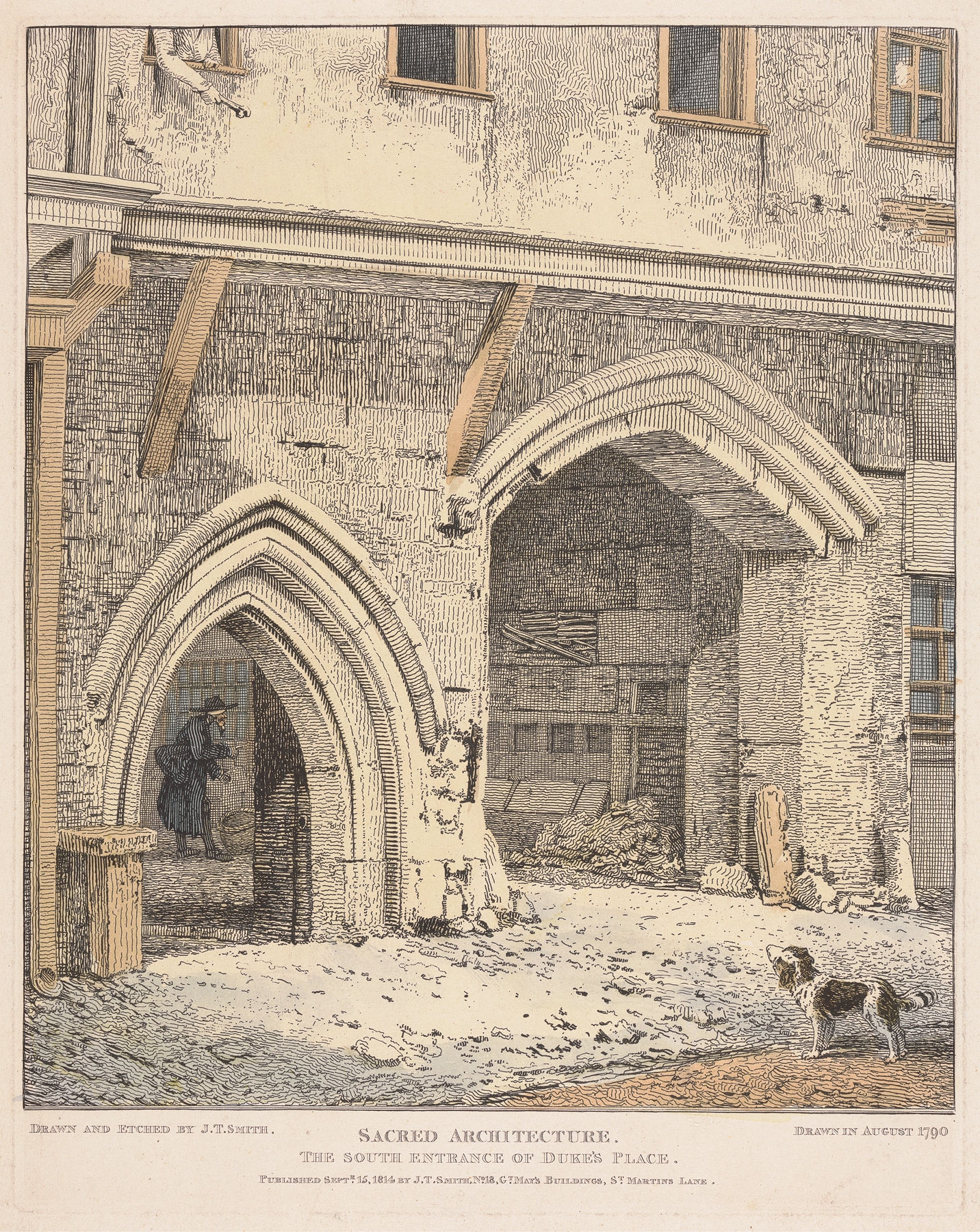 The South Entrance of Duke’s Place by John Thomas Smith, depicting architecture in a bustling London scene.