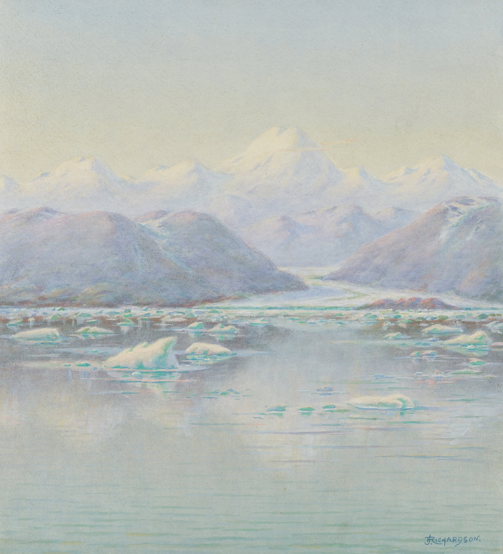 St. Elias Alps by Theodore J. Richardson, oil on canvas depicting rugged mountain landscape.