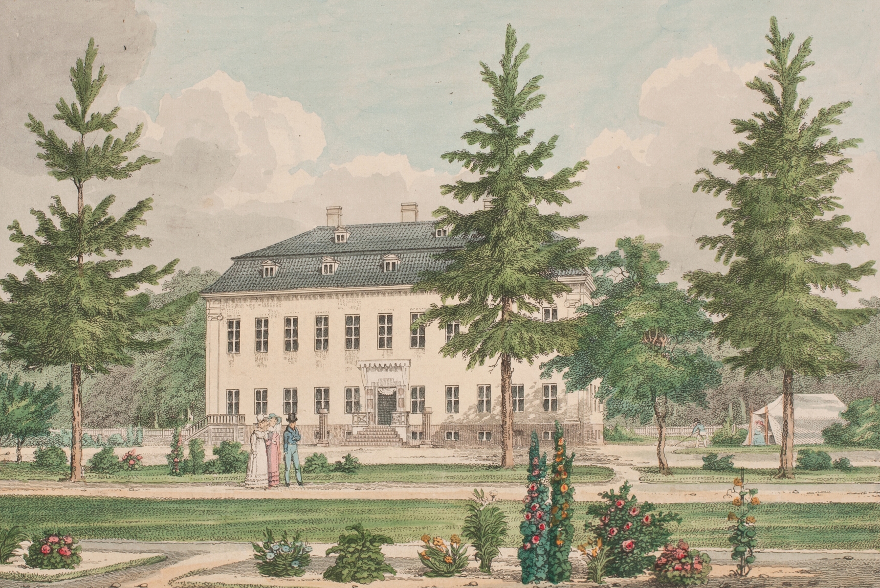 Charlottenlund Slot by Jens Holm, oil on canvas, depicting a landscape with a castle and lush greenery.