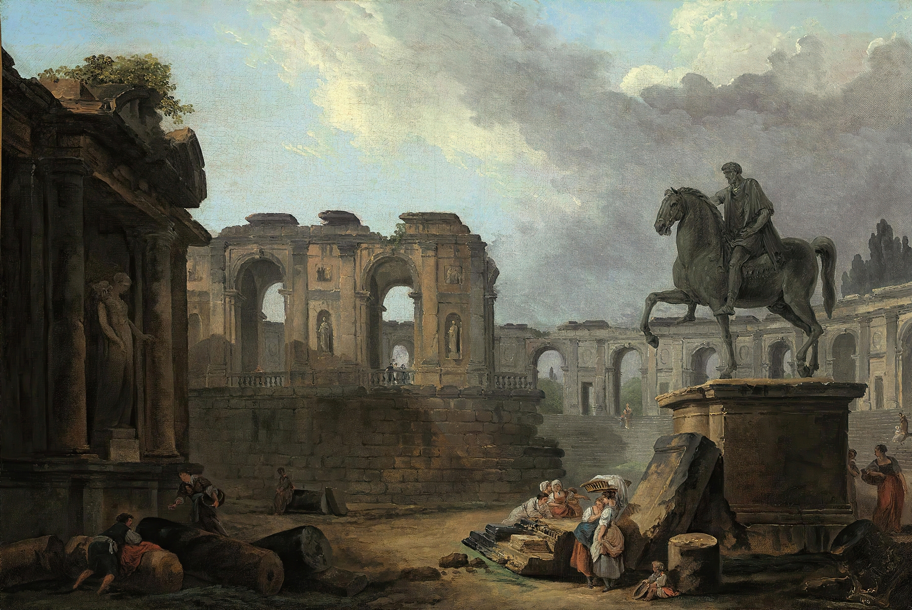 A Roman capriccio with washerwomen by the Statue of Marcus Aurelius, by Hubert Robert, public domain