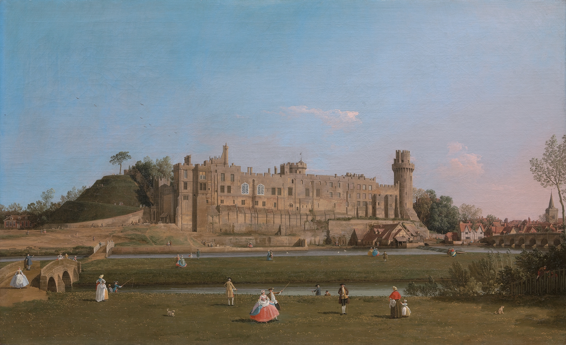Warwick Castle by Canaletto, Rococo oil painting depicting a sunset over grand architecture.