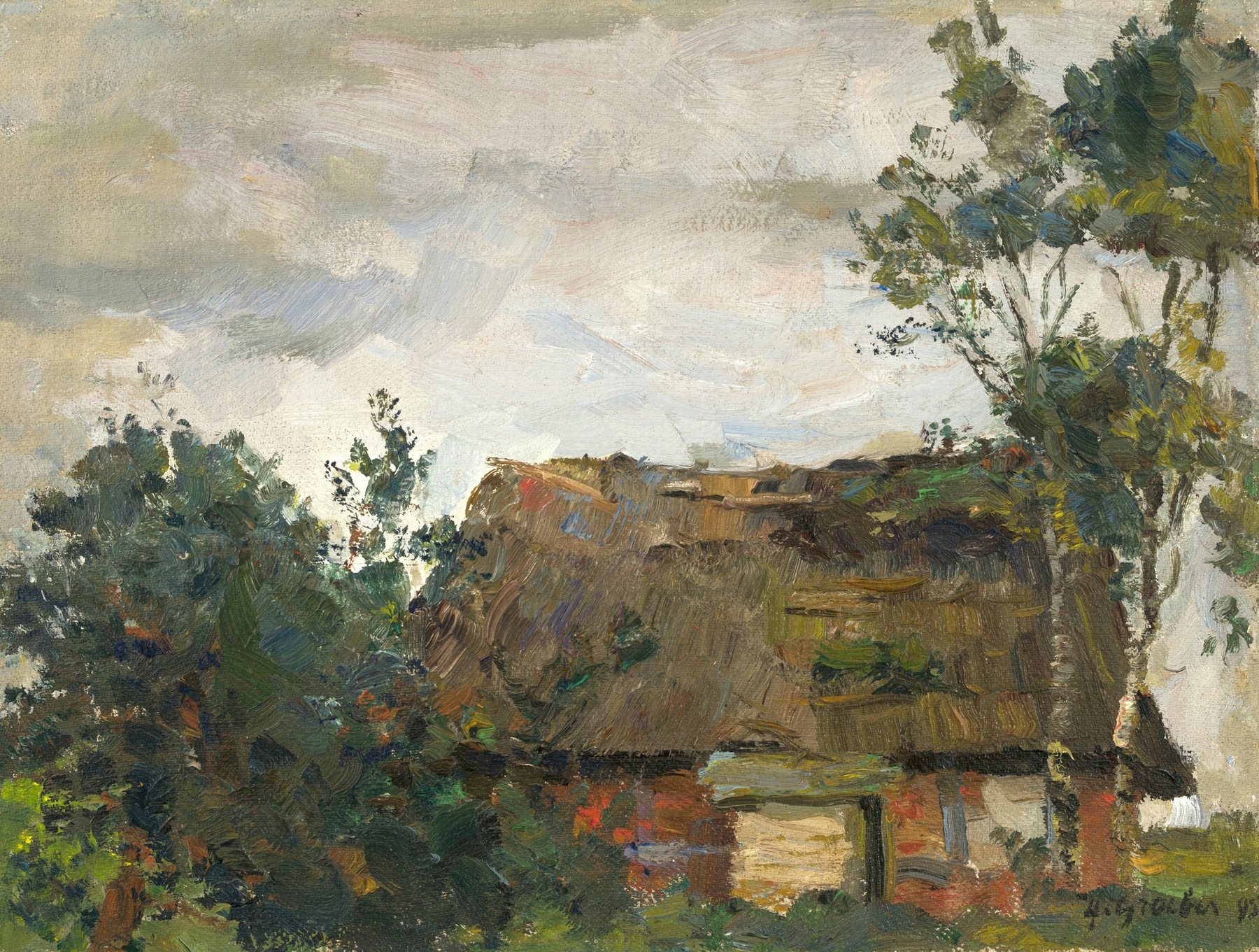 oil painting by Hermann Groeber depicting a weathered house facade in muted colors