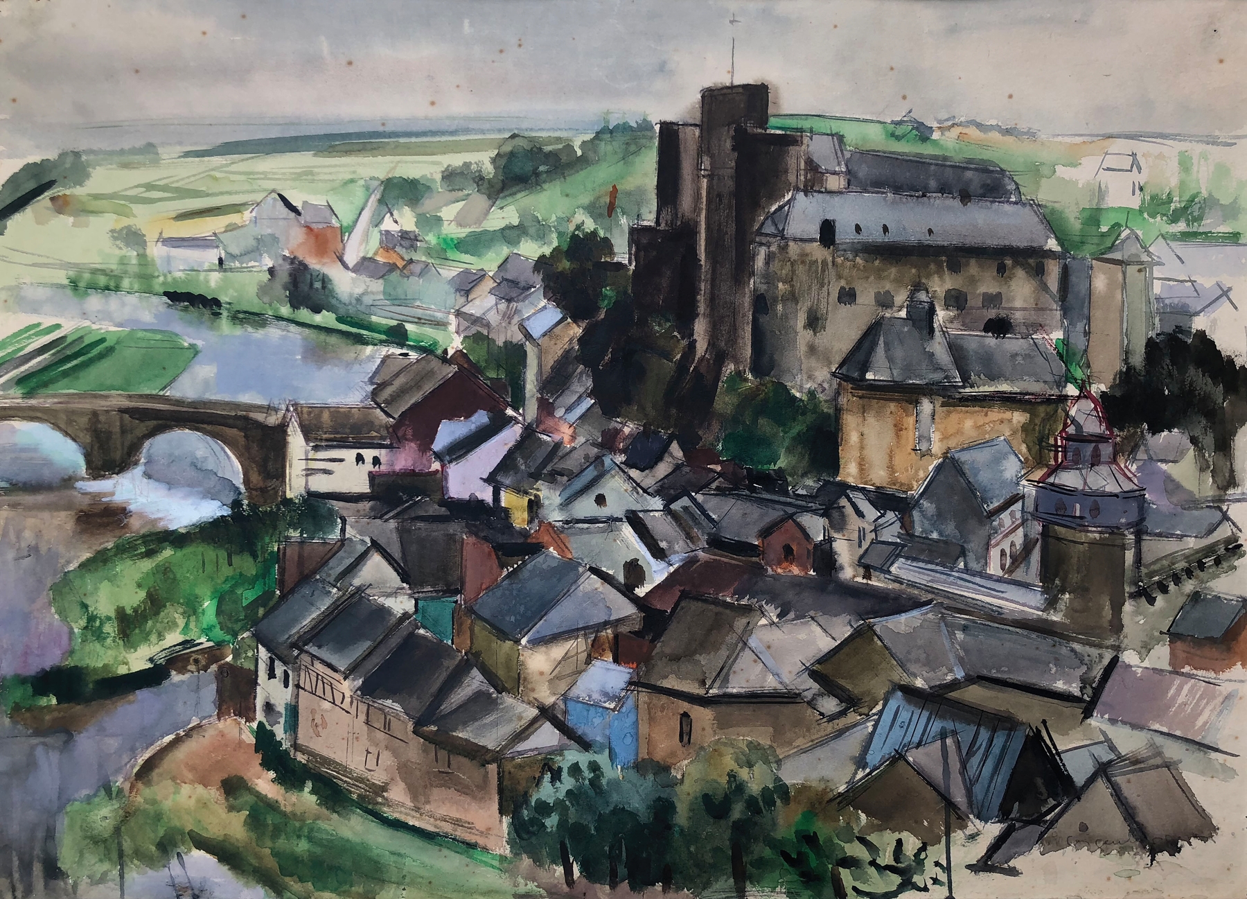 Esch an der Sauer, Gesamtansicht by Otto Geigenberger, oil on canvas depicting a vibrant river landscape