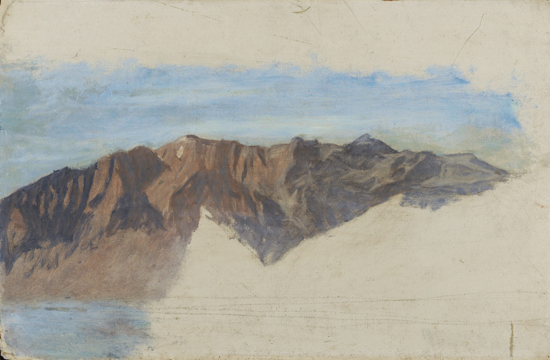 Oil painting by William de Goumois featuring mountains and valleys in blue and violet hues.