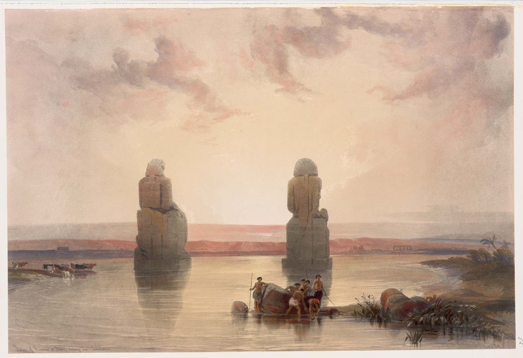 Statues of Memnon at Thebes, during the inundation., by David Roberts, public domain