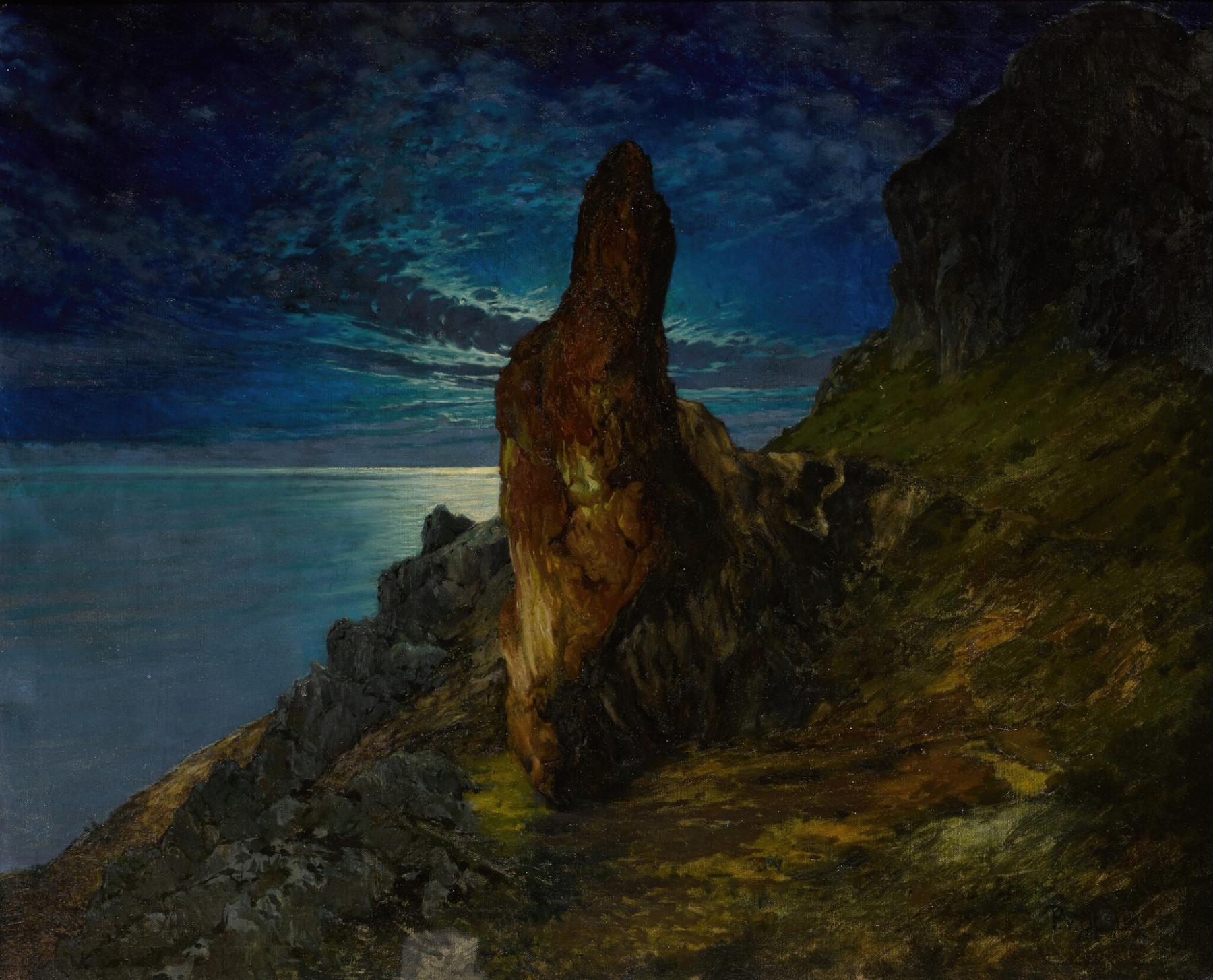 The Pizzolungo on the Island of Capri, oil on canvas by Paul Von Spaun, depicting cliffs and tranquil water.
