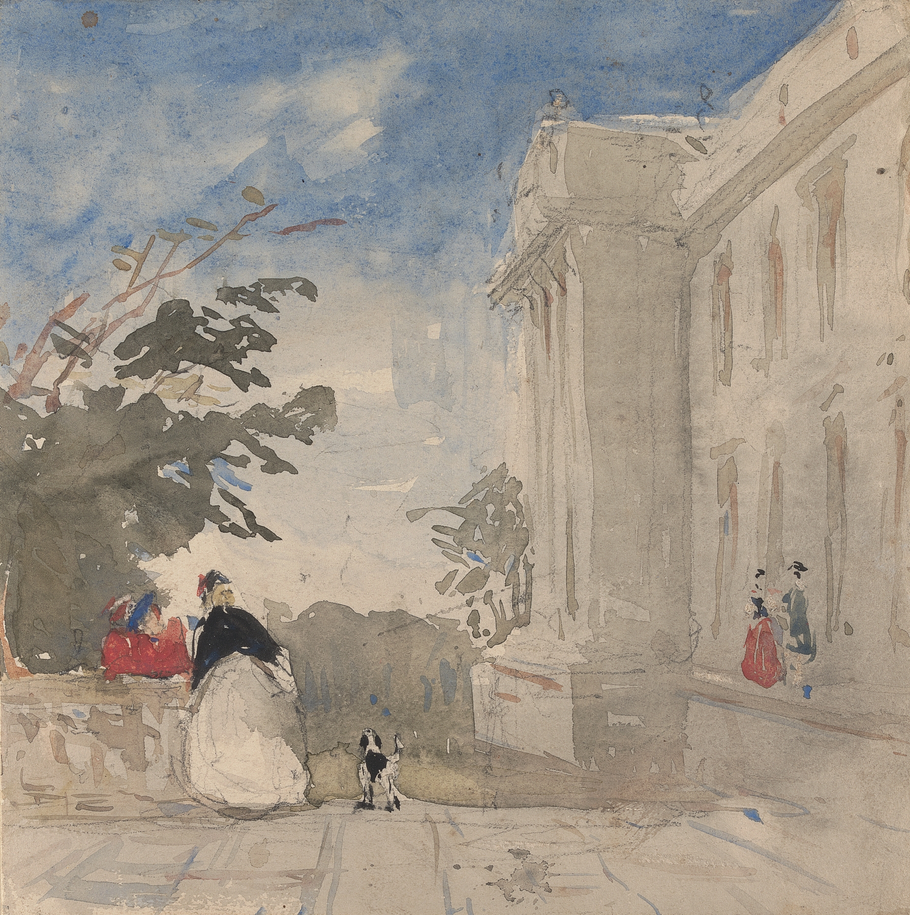Figures on a terrace in warm light, by Alfred Elmore, medium unknown