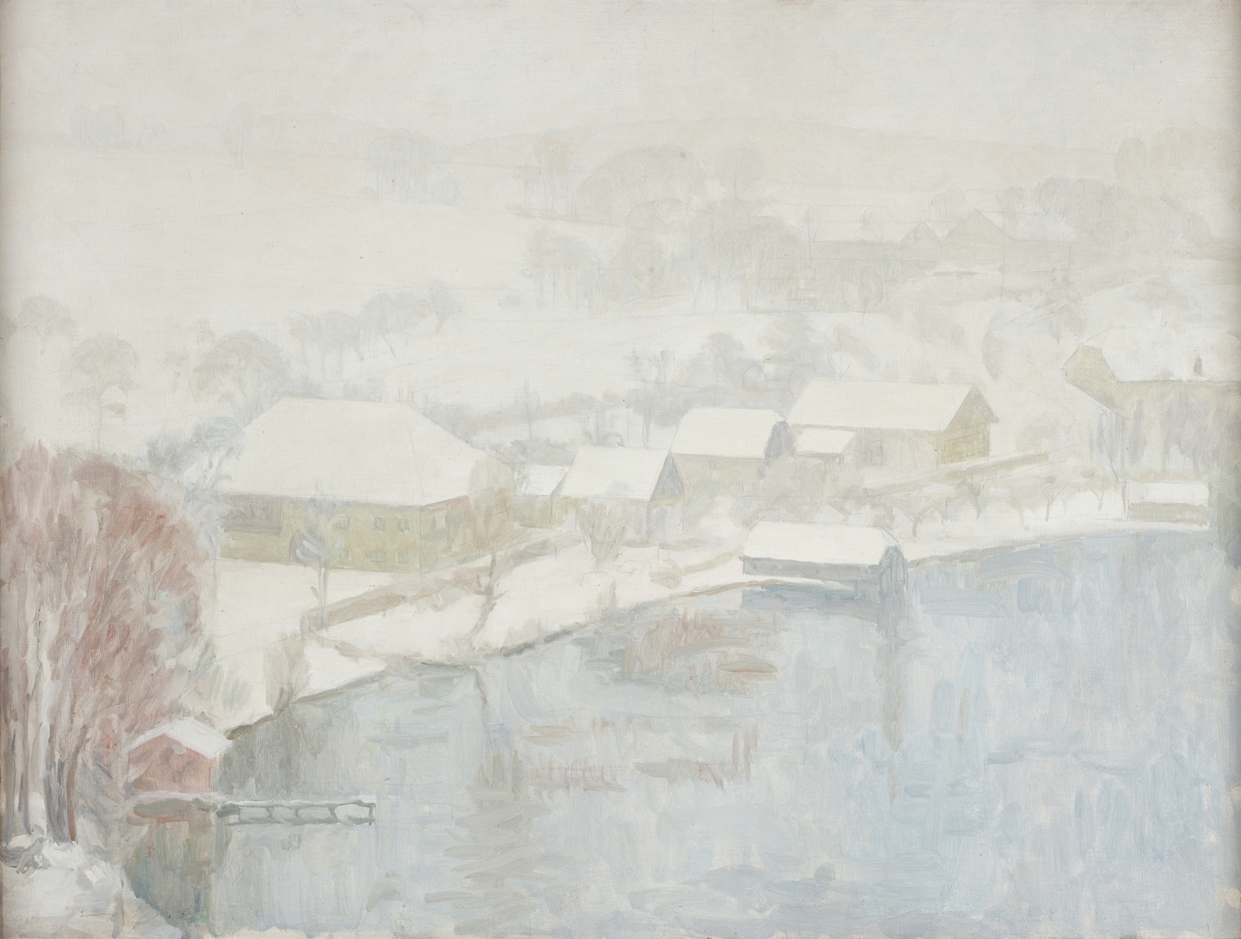 Winter landscape with a frozen lake and frosted trees by Walther Gamerith