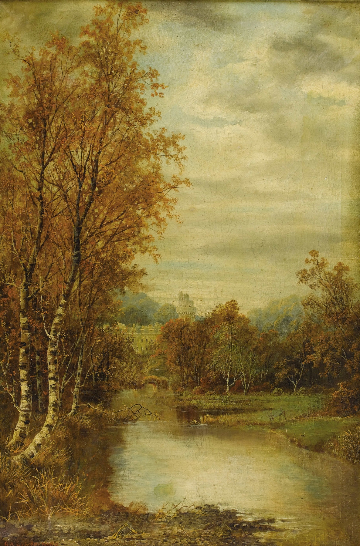 Autumn landscape with pond and castle tower, oil painting by Alfred Augustus Glendening