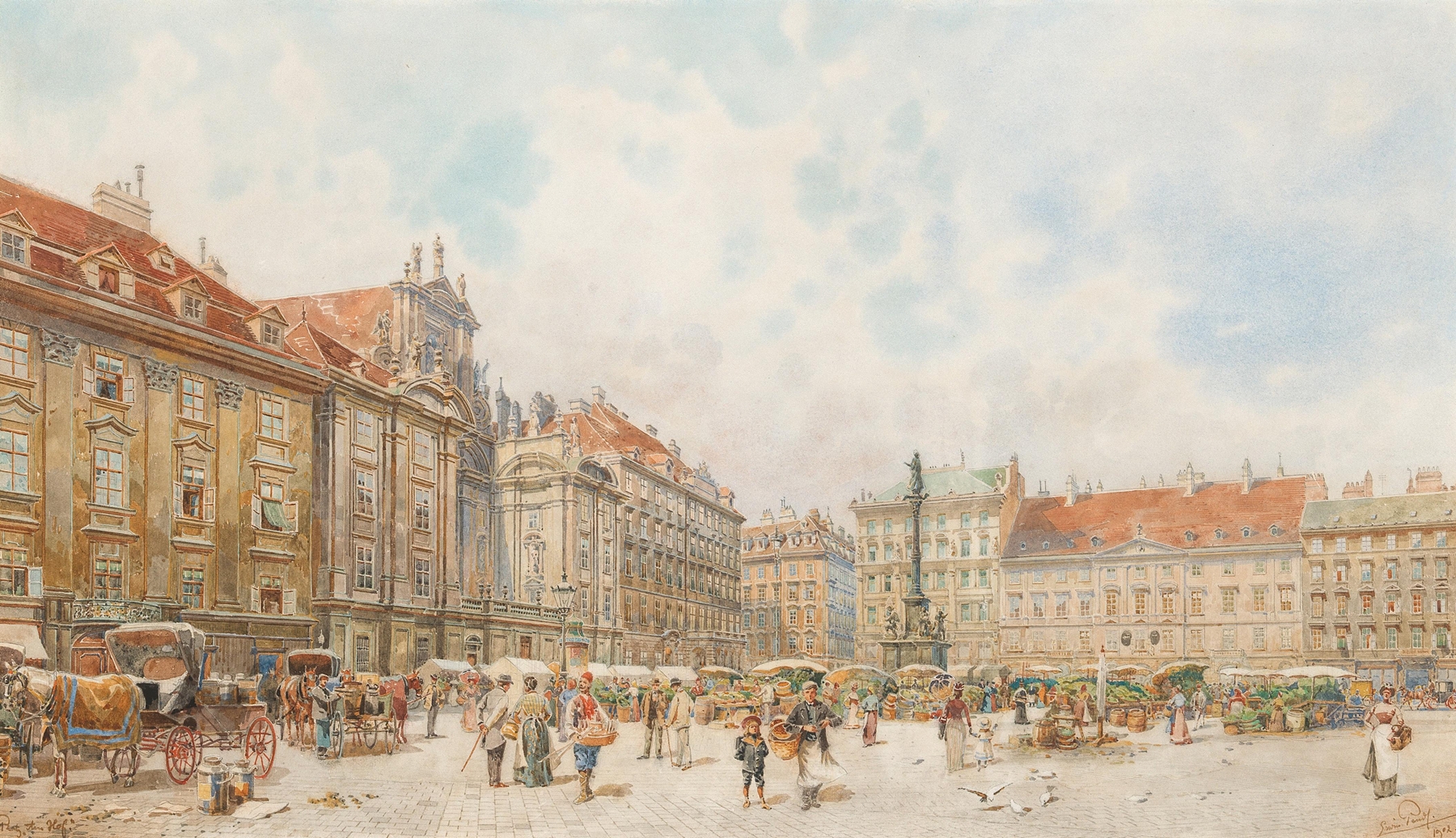 Genre scene depicting market stalls and crowd by Erwin Pendl, oil painting