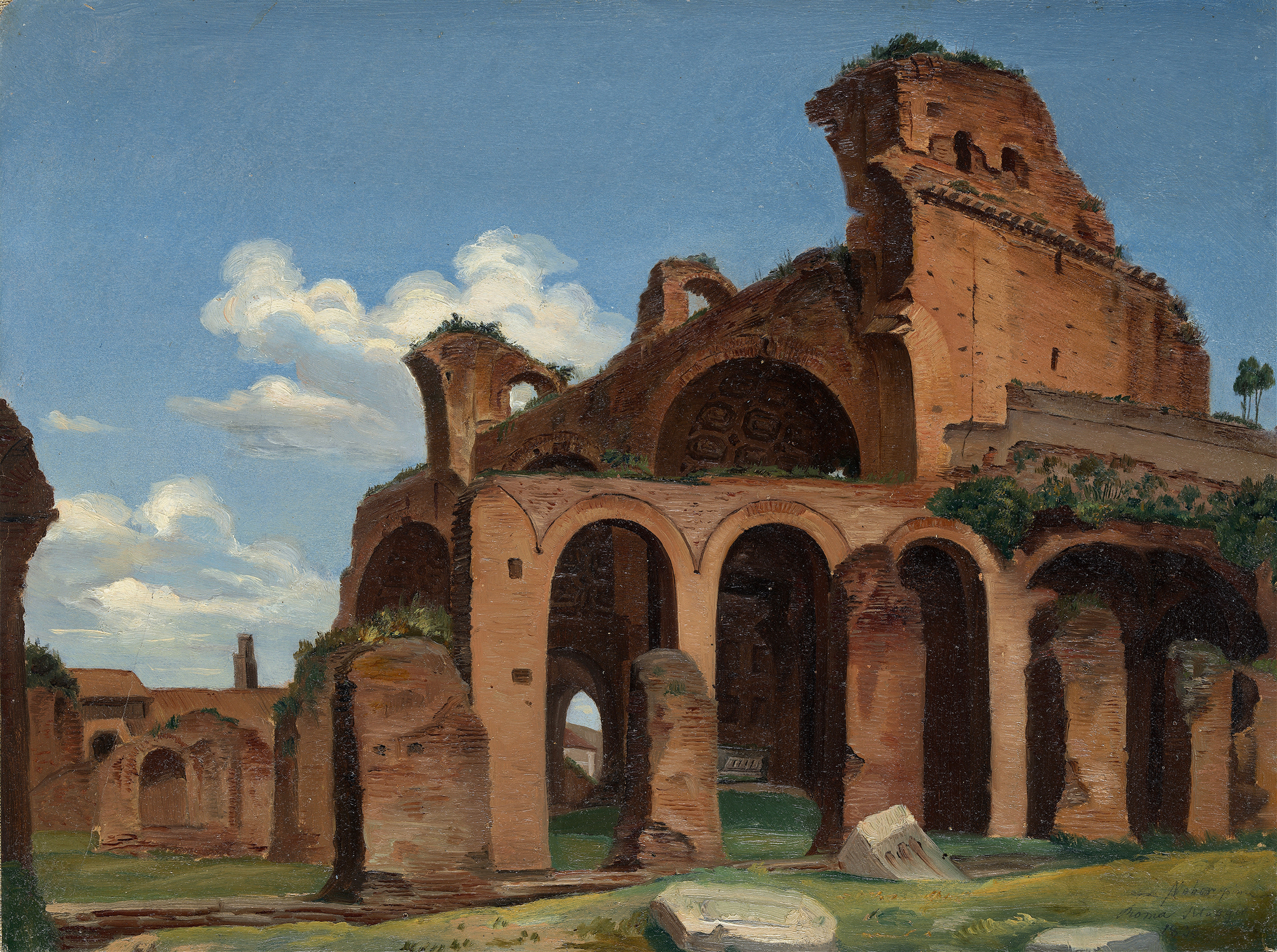 The Basilica of Constantine, Rome by Michael Neher, oil painting showing sunlight through arches.