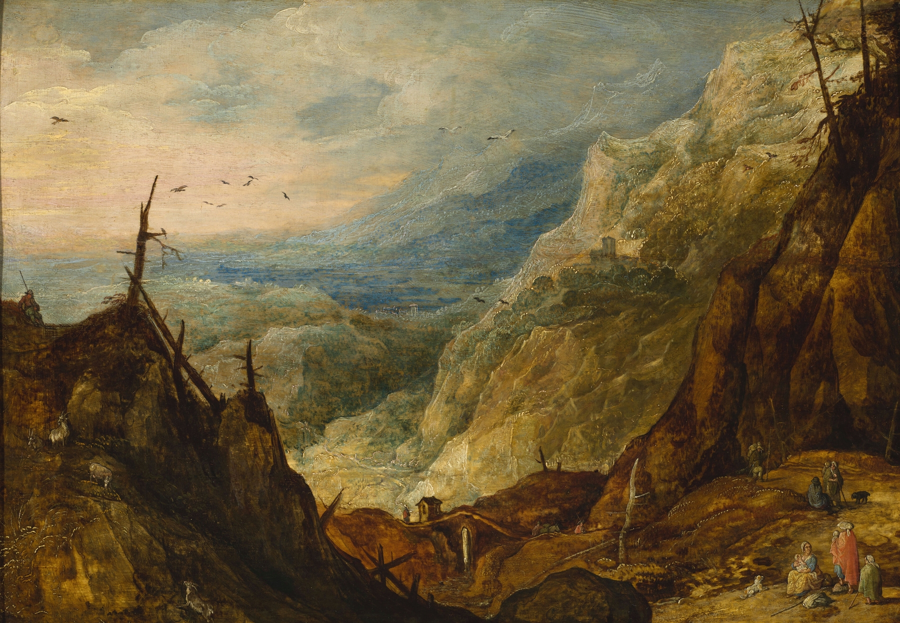 Mountain landscape with a broken tree, by Joos de Momper, public domain